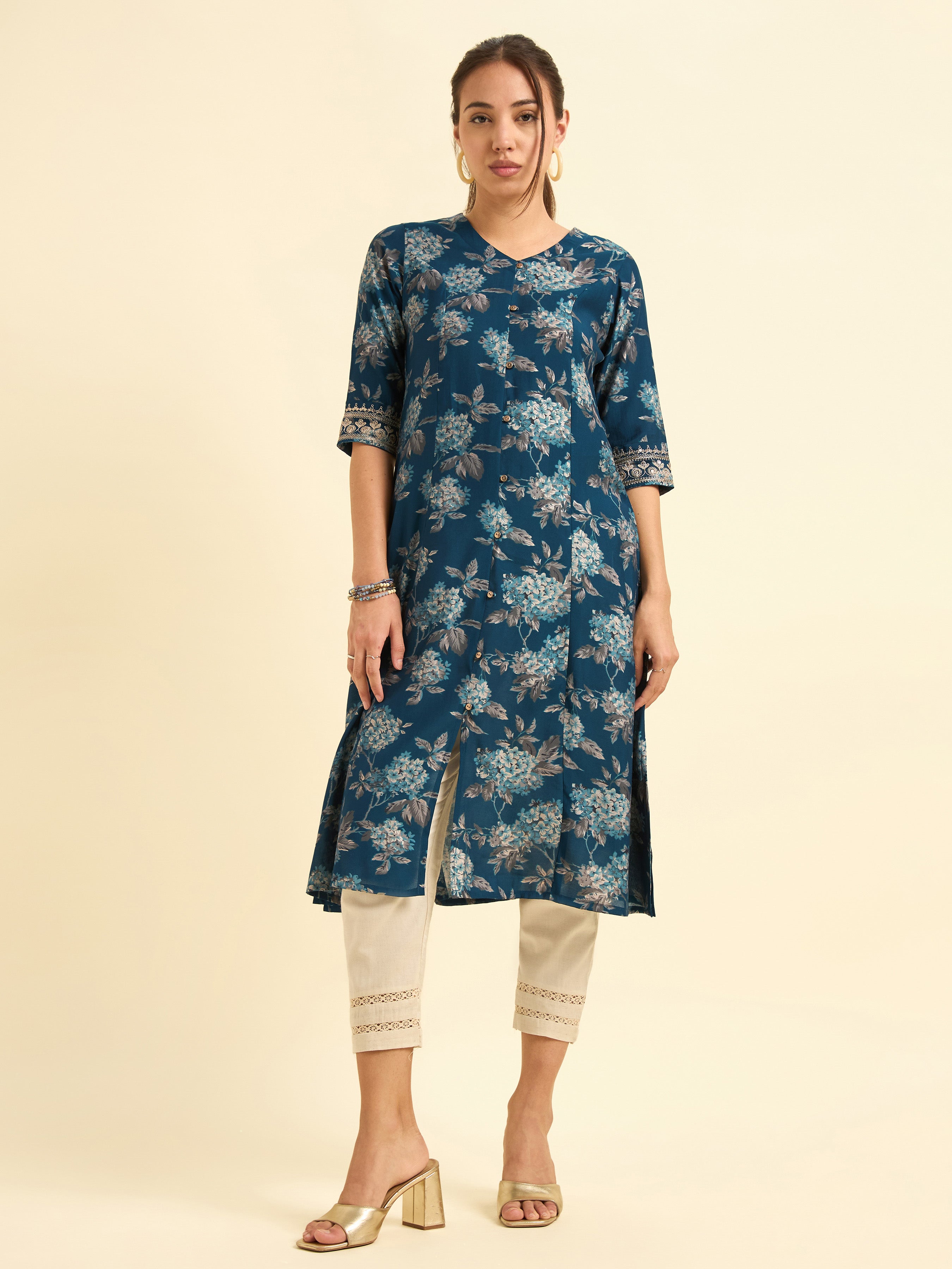 Multi-Colour Modal Chanderi Printed Flared Kurti With Embroidery And Sequins Work