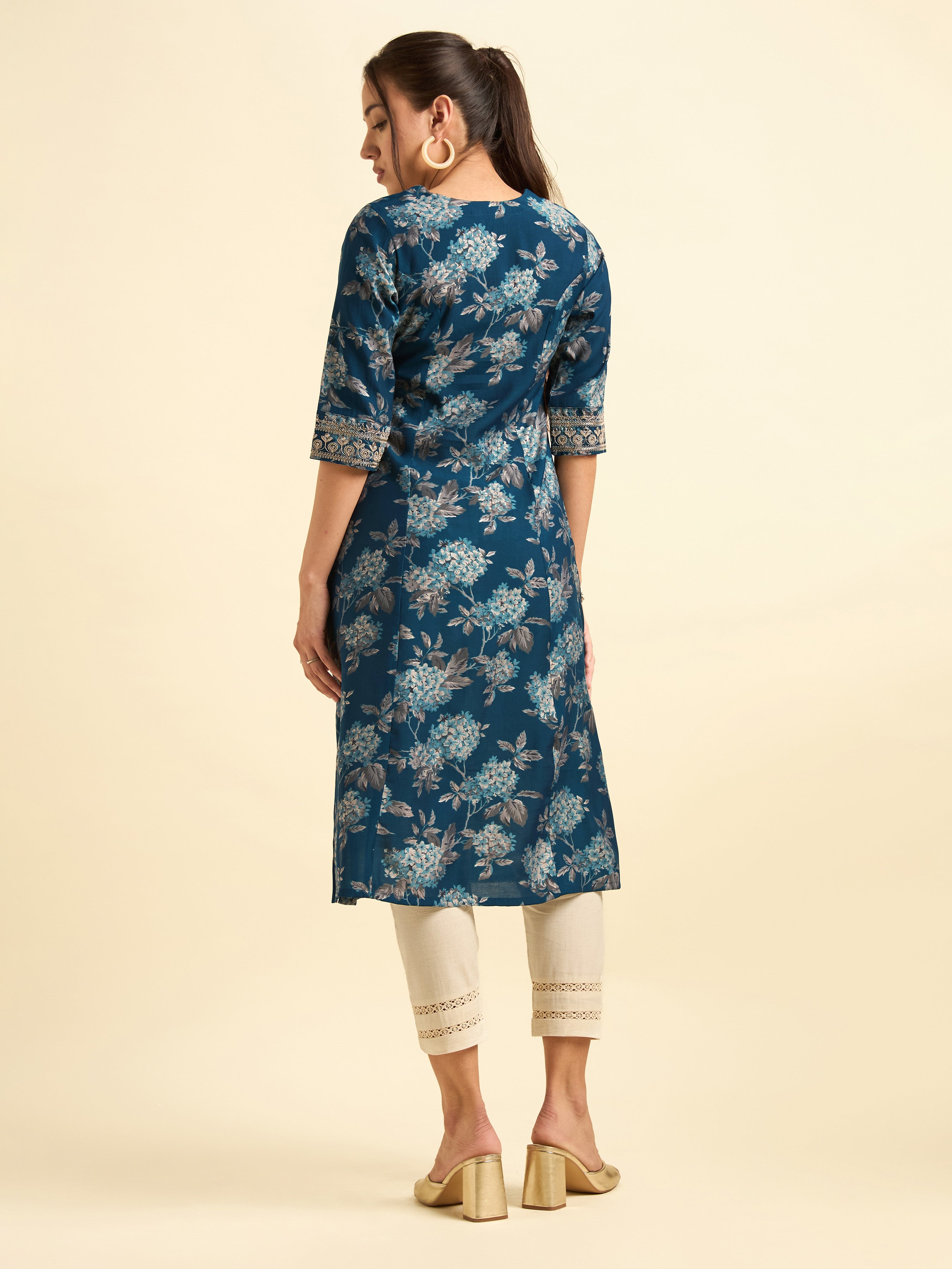 Multi-Colour Modal Chanderi Printed Flared Kurti With Embroidery And Sequins Work
