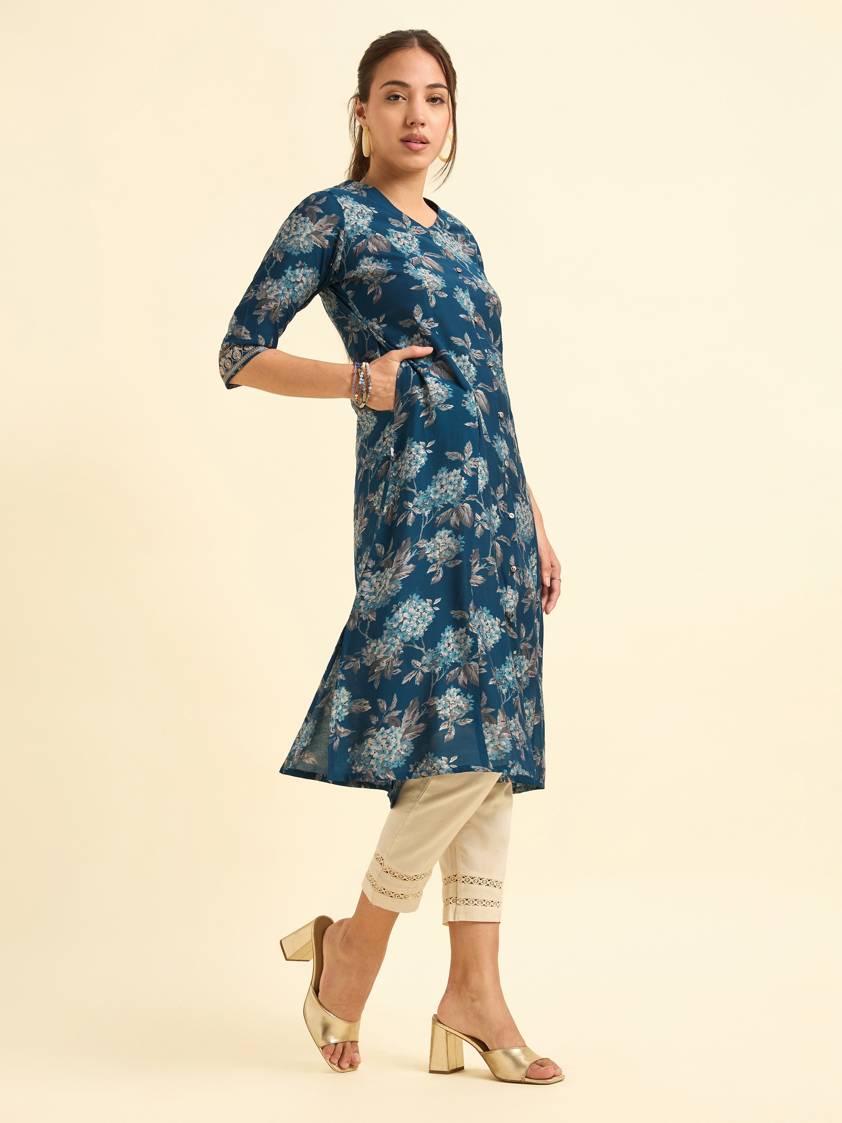 Multi-Colour Modal Chanderi Printed Flared Kurti With Embroidery And Sequins Work