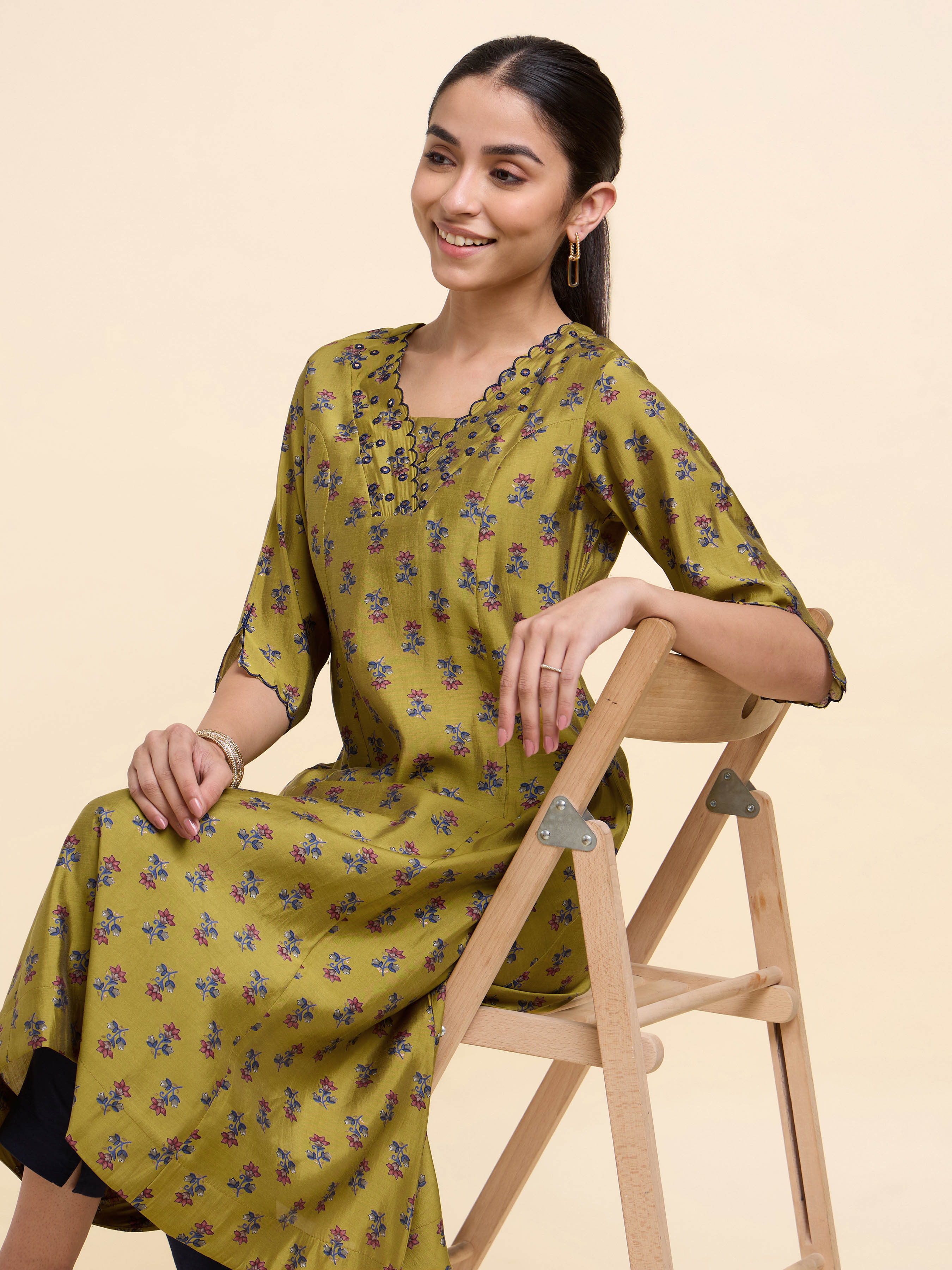 Mustard Multi Coloured Modal Chanderi Flared Princess Cut Printed Kurti With Mirror Work Embroidery