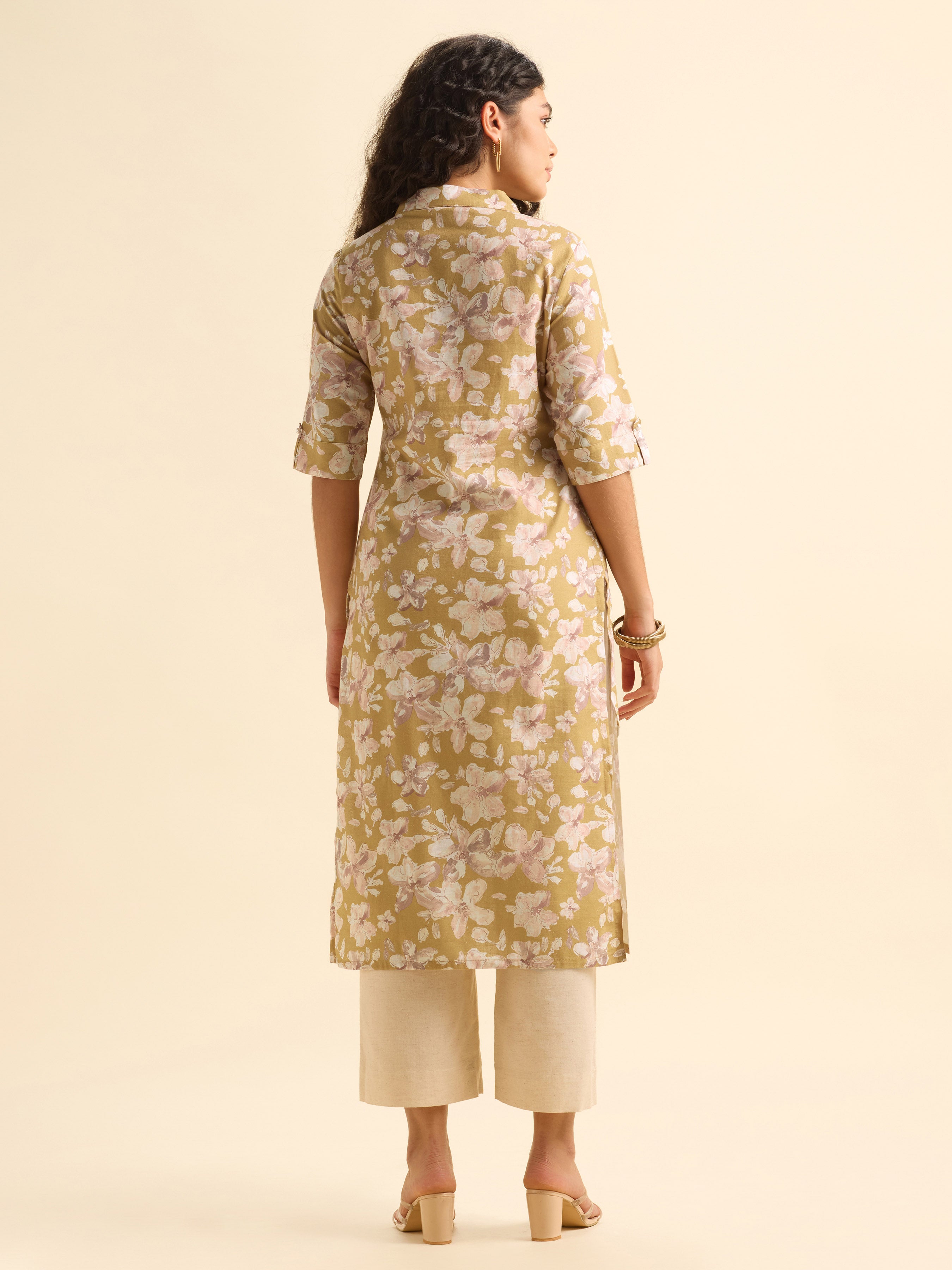 Mustard Multicolour Cotton Flax Slub Slitted Printed Kurti With Cuban Collar