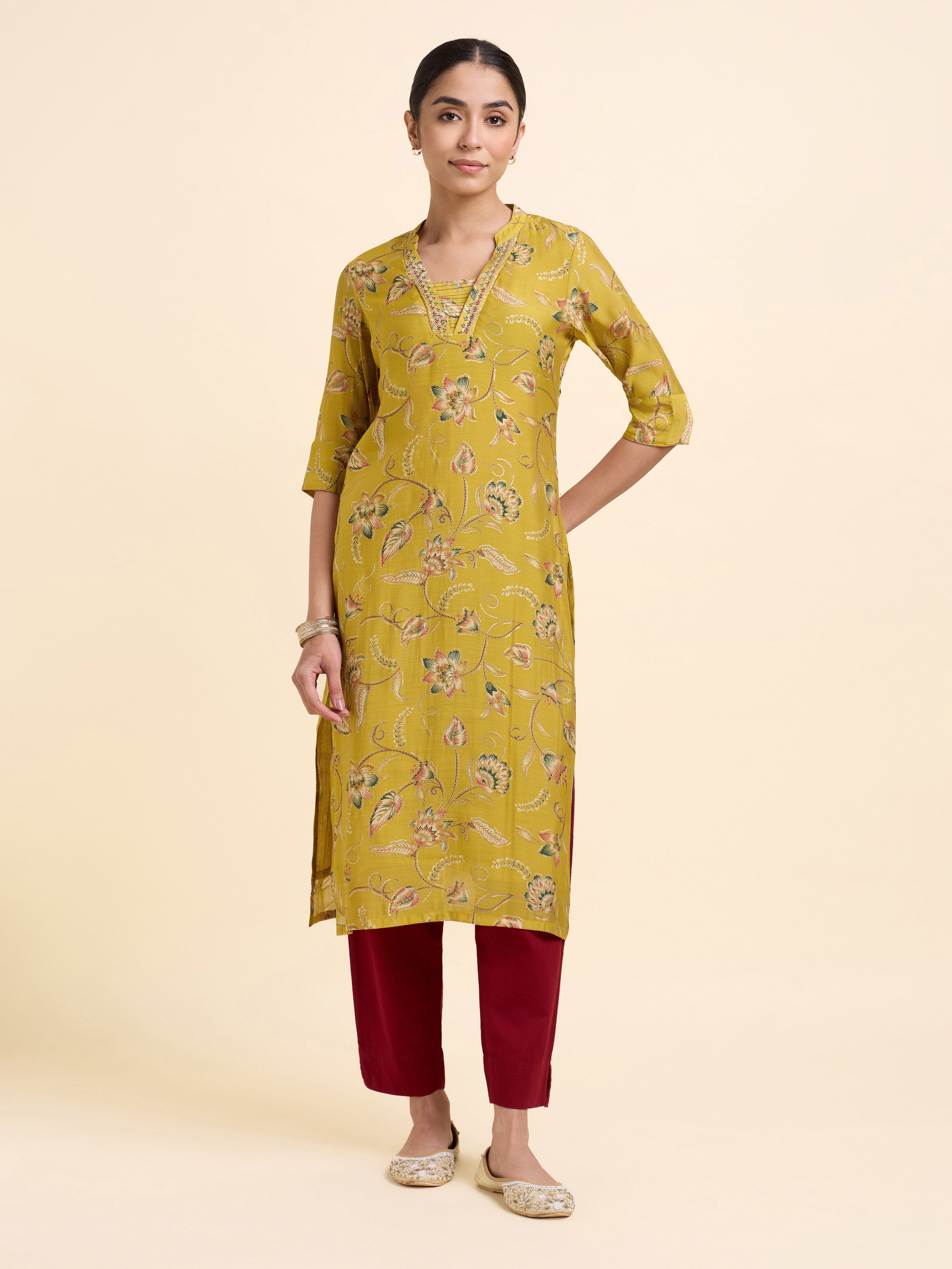 Mustard Multicolour Mull Chanderi Printed Slitted Kurti With Embroidery