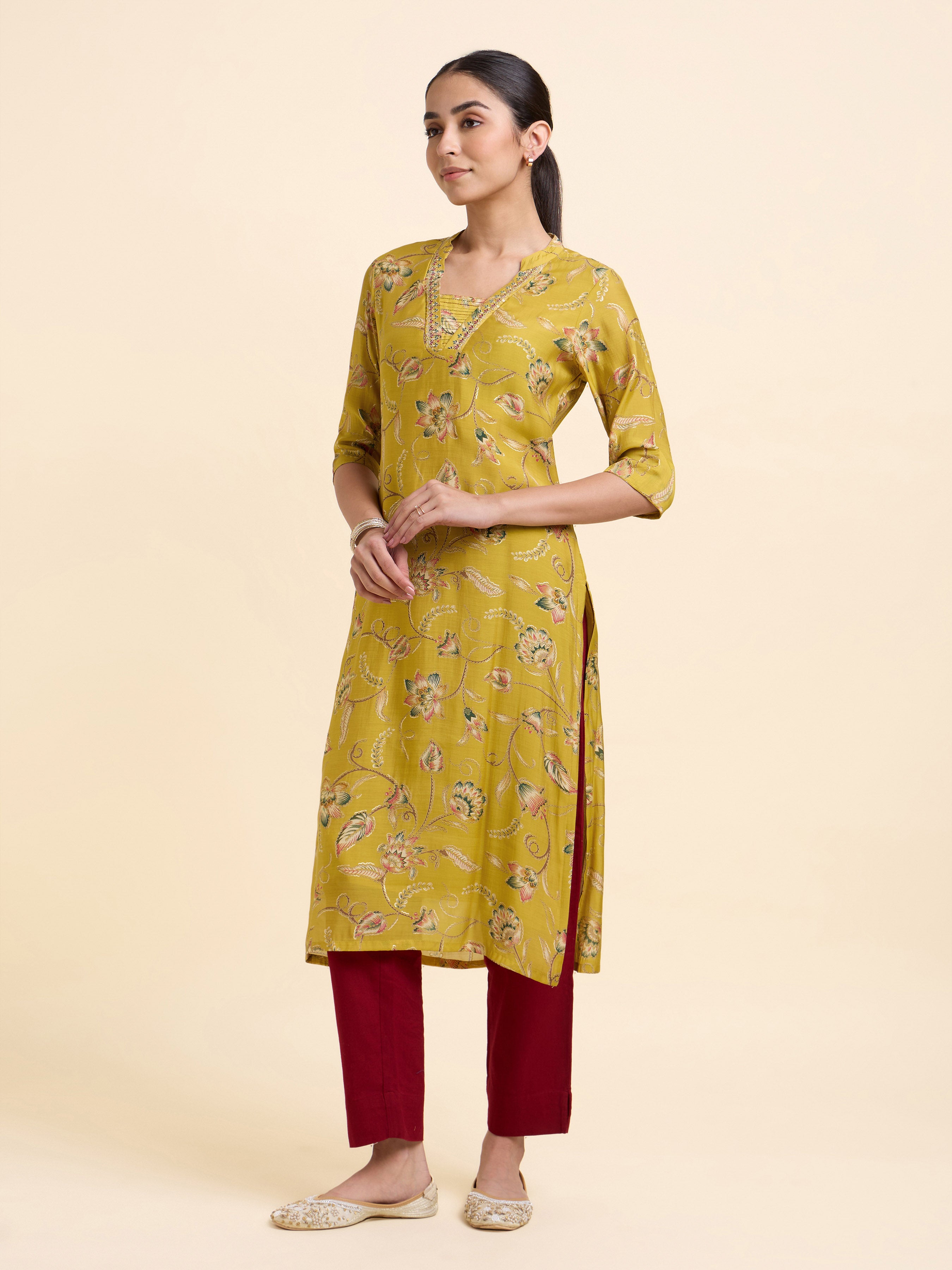 Mustard Multicolour Mull Chanderi Printed Slitted Kurti With Embroidery