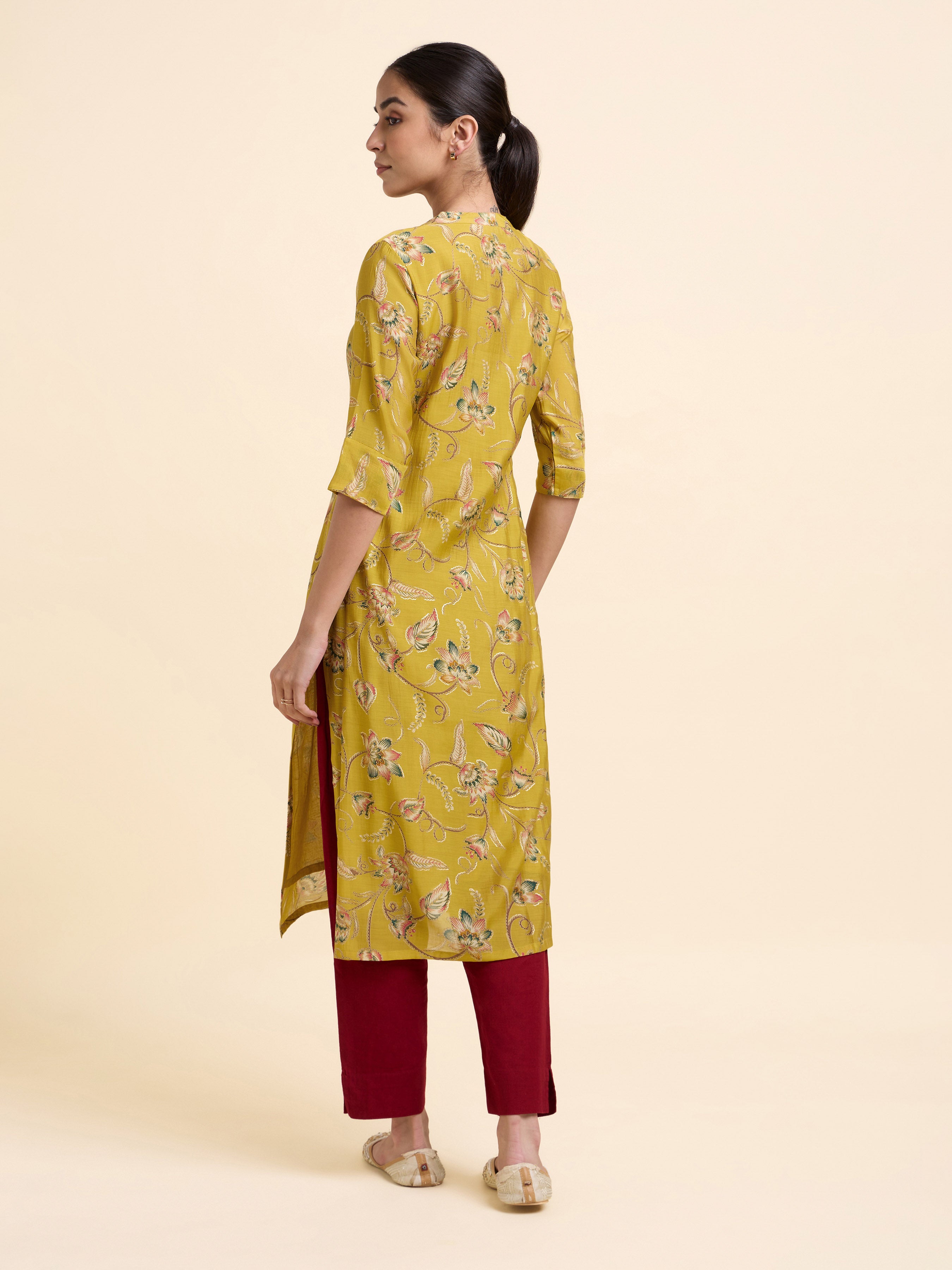 Mustard Multicolour Mull Chanderi Printed Slitted Kurti With Embroidery