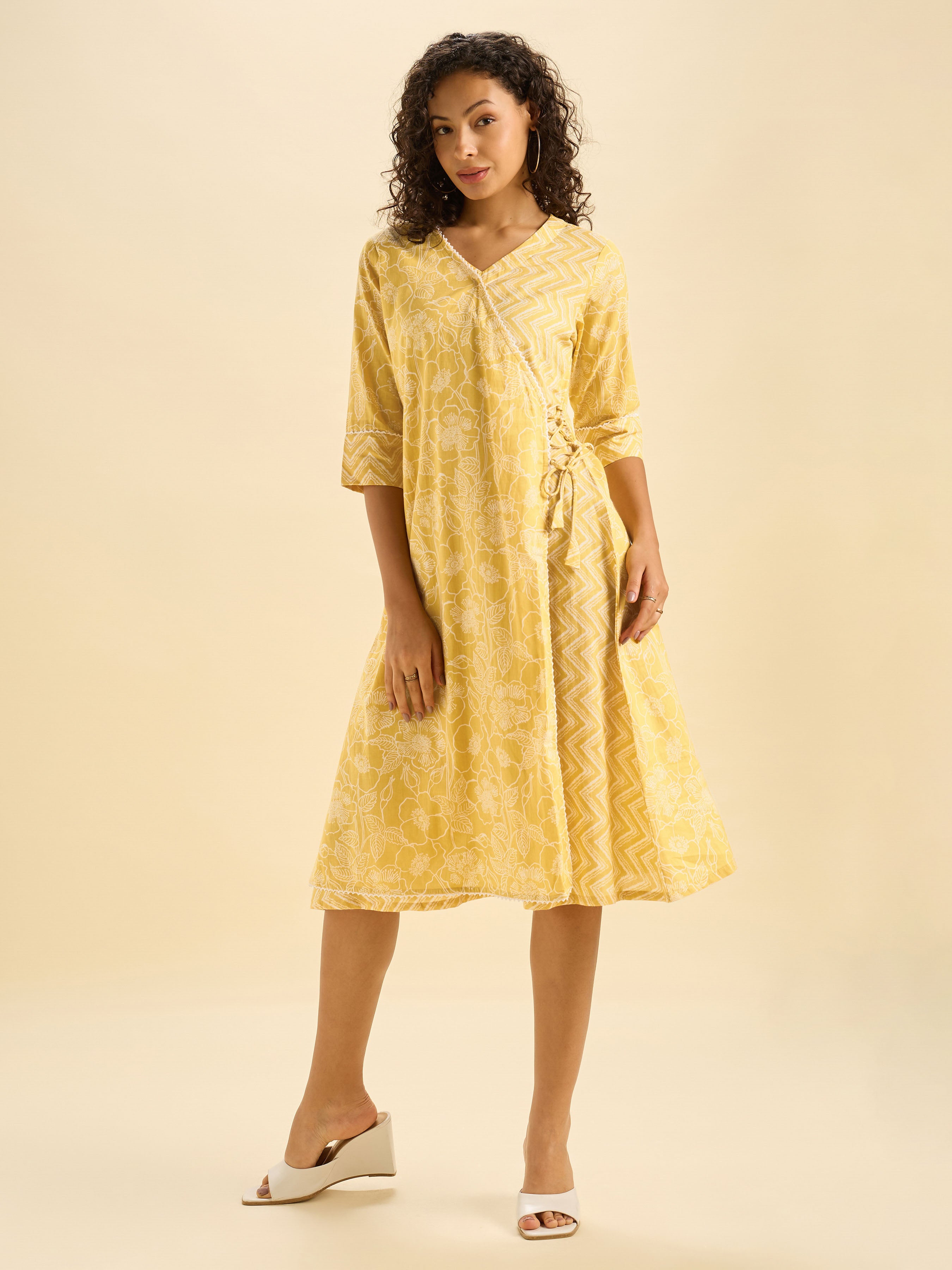 Mustard White Cotton Printed Flared Angrakha Kurti With Lace