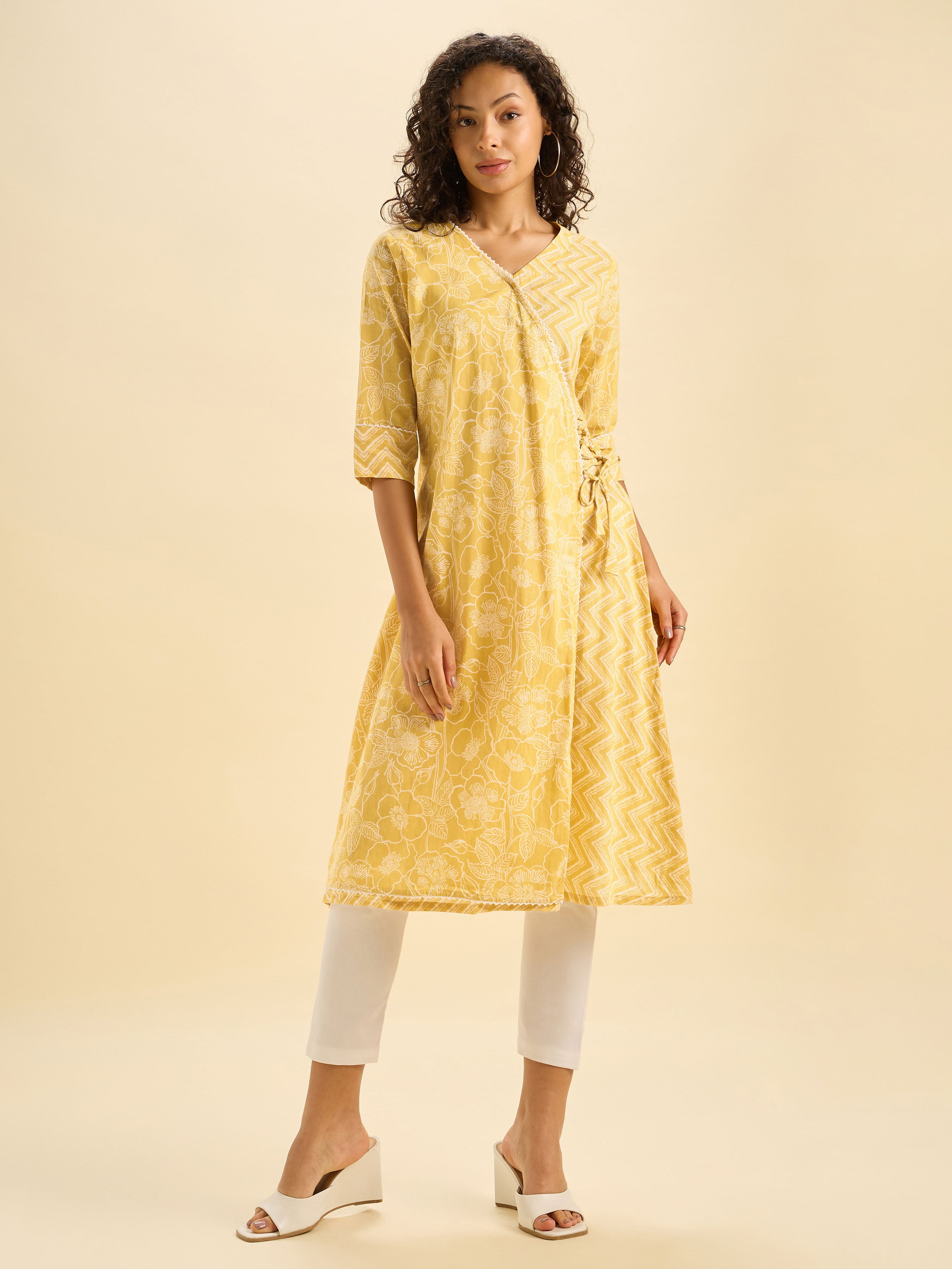 Mustard White Cotton Printed Flared Angrakha Kurti With Lace