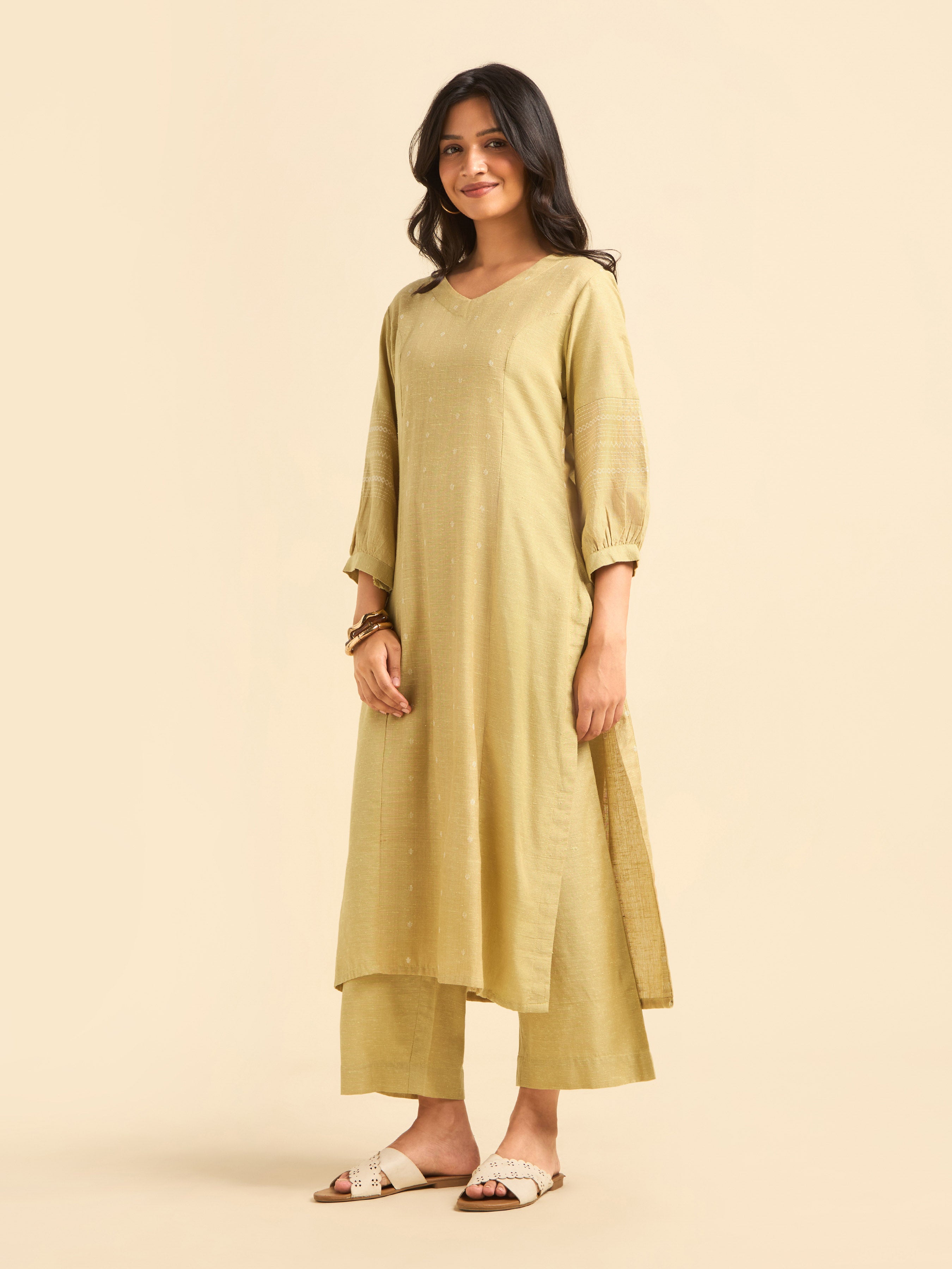 Yellow White Cotton Dobby Plain Princesscut Kurti Set With Back Yoke
