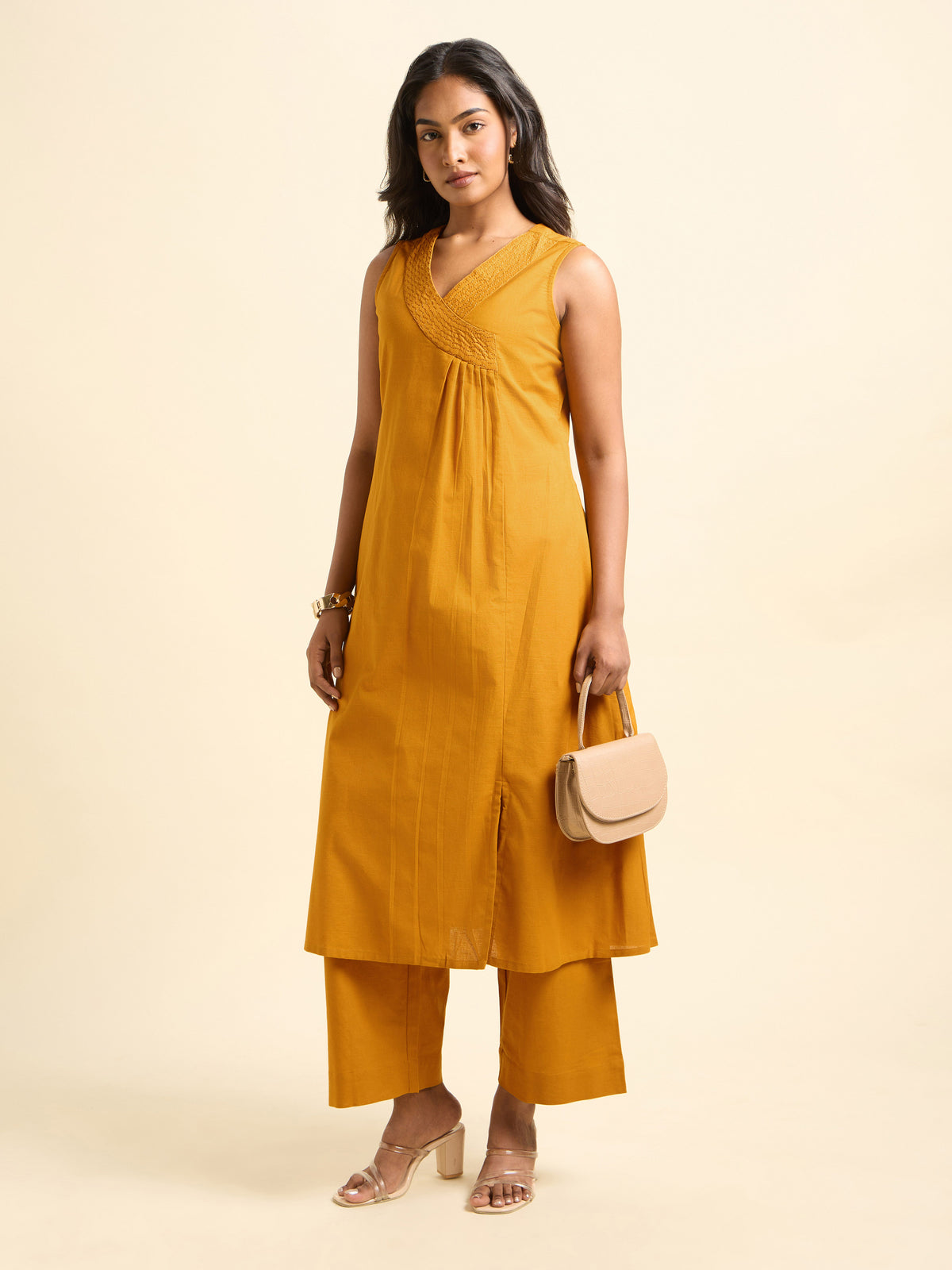 Mustard Yellow Cotton Flax Slub Plain Flared Angrakha Cut Kurti Set With Embroidery
