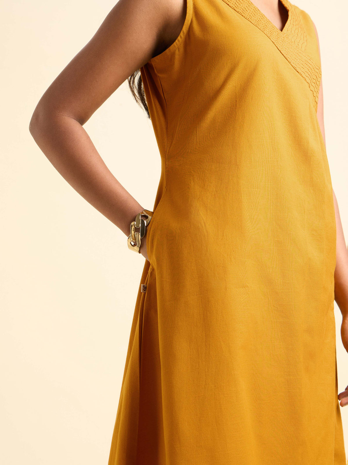 Mustard Yellow Cotton Flax Slub Plain Flared Angrakha Cut Kurti Set With Embroidery