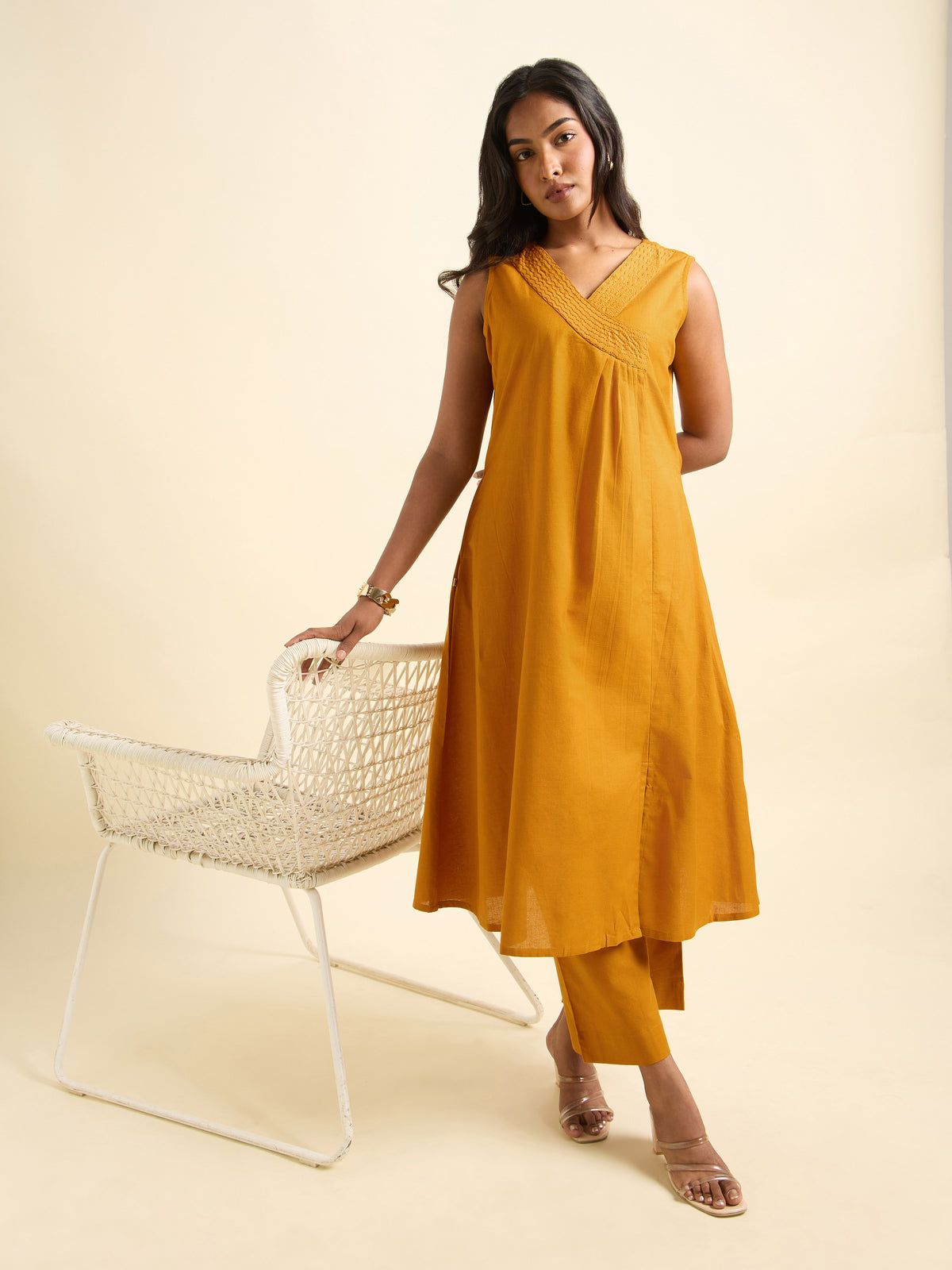 Mustard Yellow Cotton Flax Slub Plain Flared Angrakha Cut Kurti Set With Embroidery