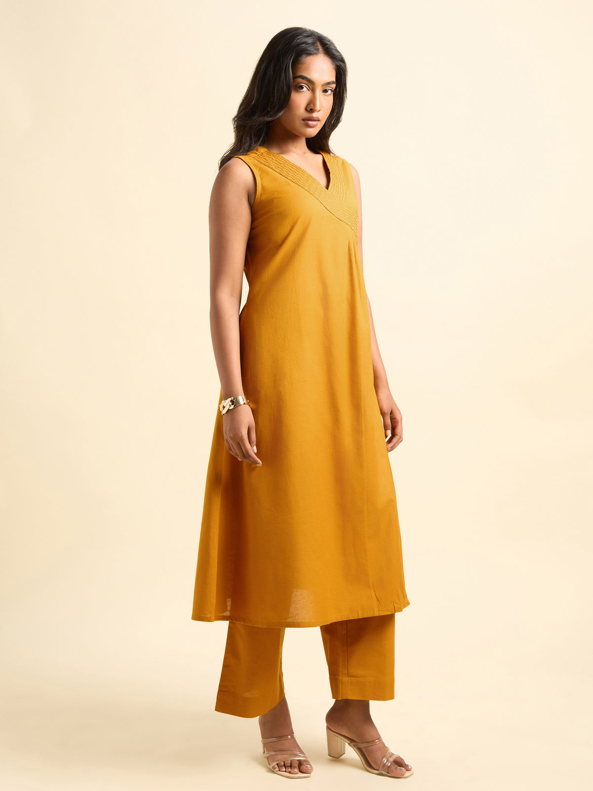 Mustard Yellow Cotton Flax Slub Plain Flared Angrakha Cut Kurti Set With Embroidery