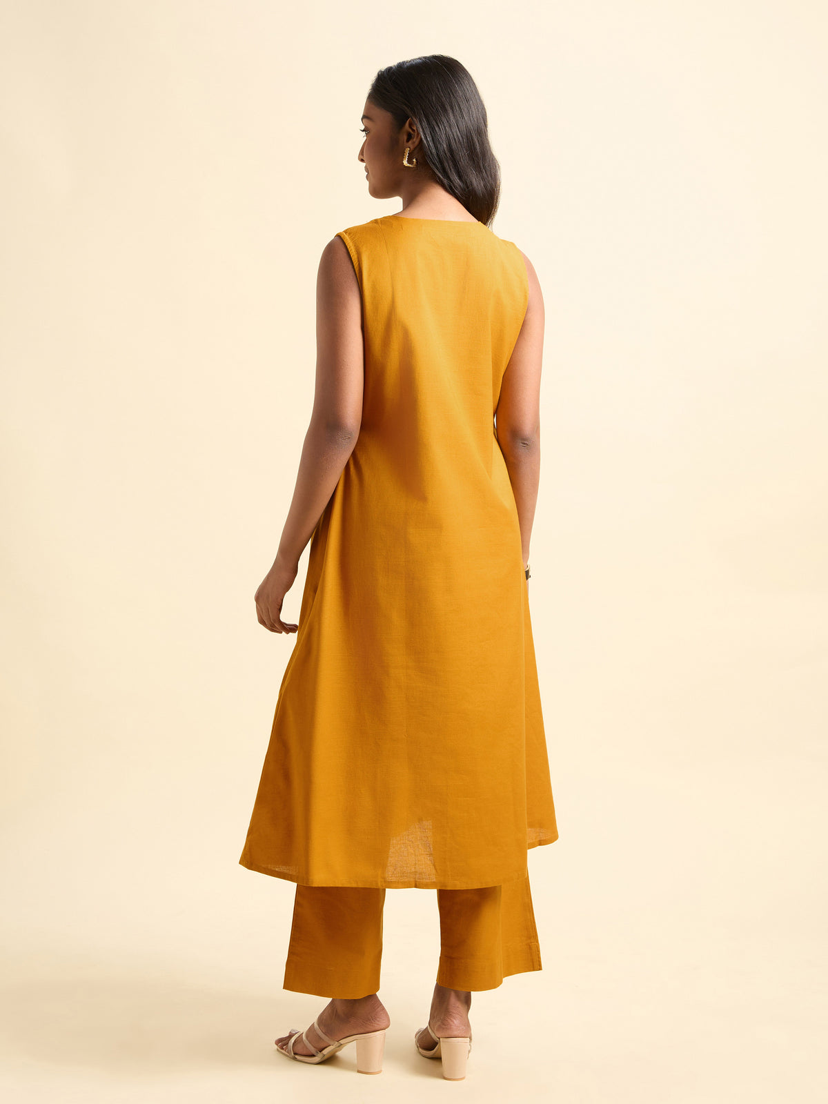 Mustard Yellow Cotton Flax Slub Plain Flared Angrakha Cut Kurti Set With Embroidery
