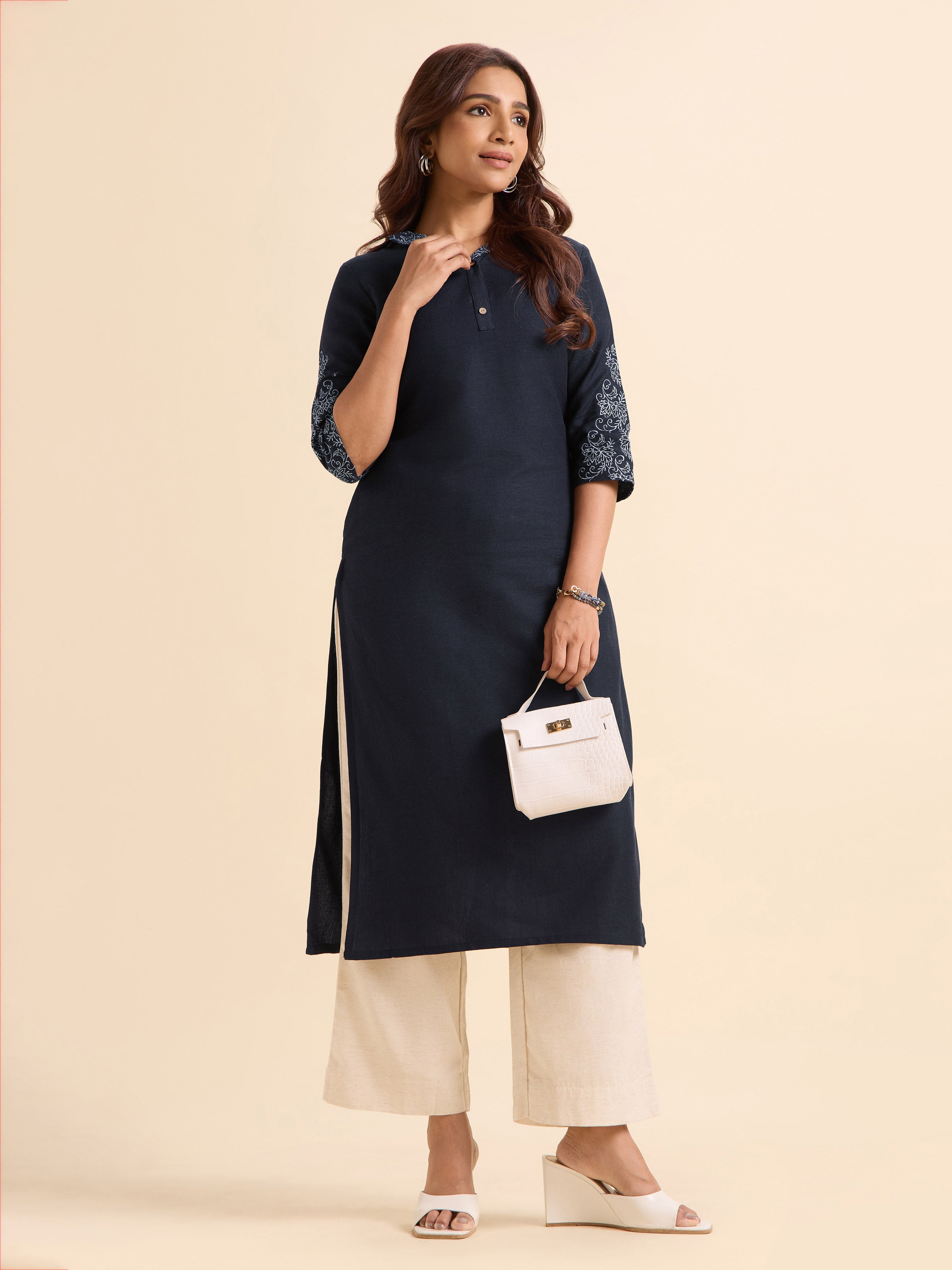 Navy Blue Cotton Flax Plain Slitted Kurti With Embroidery