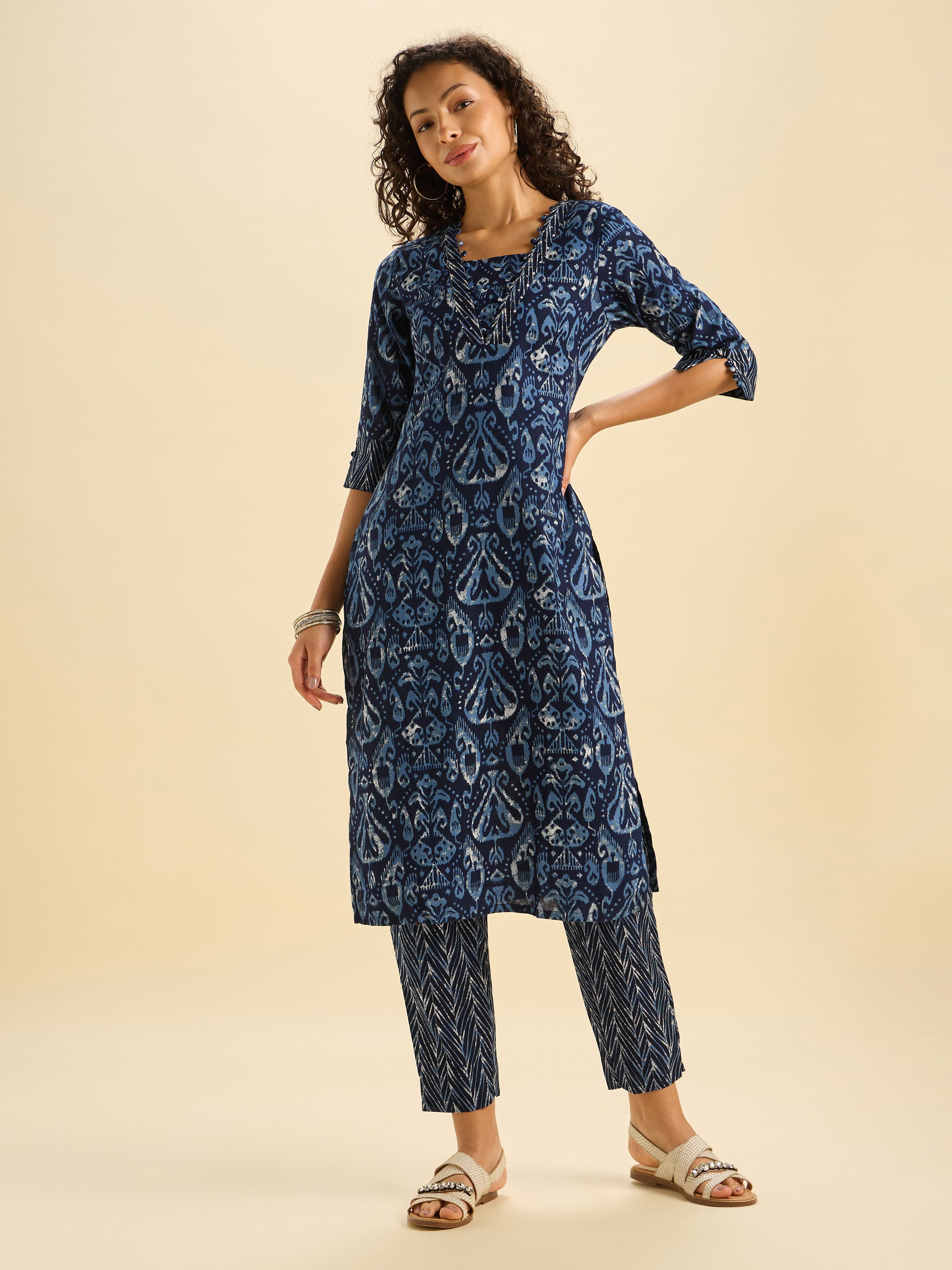 Navy Blue Cotton Flax Printed Slited Kurti Set With Sequins Work