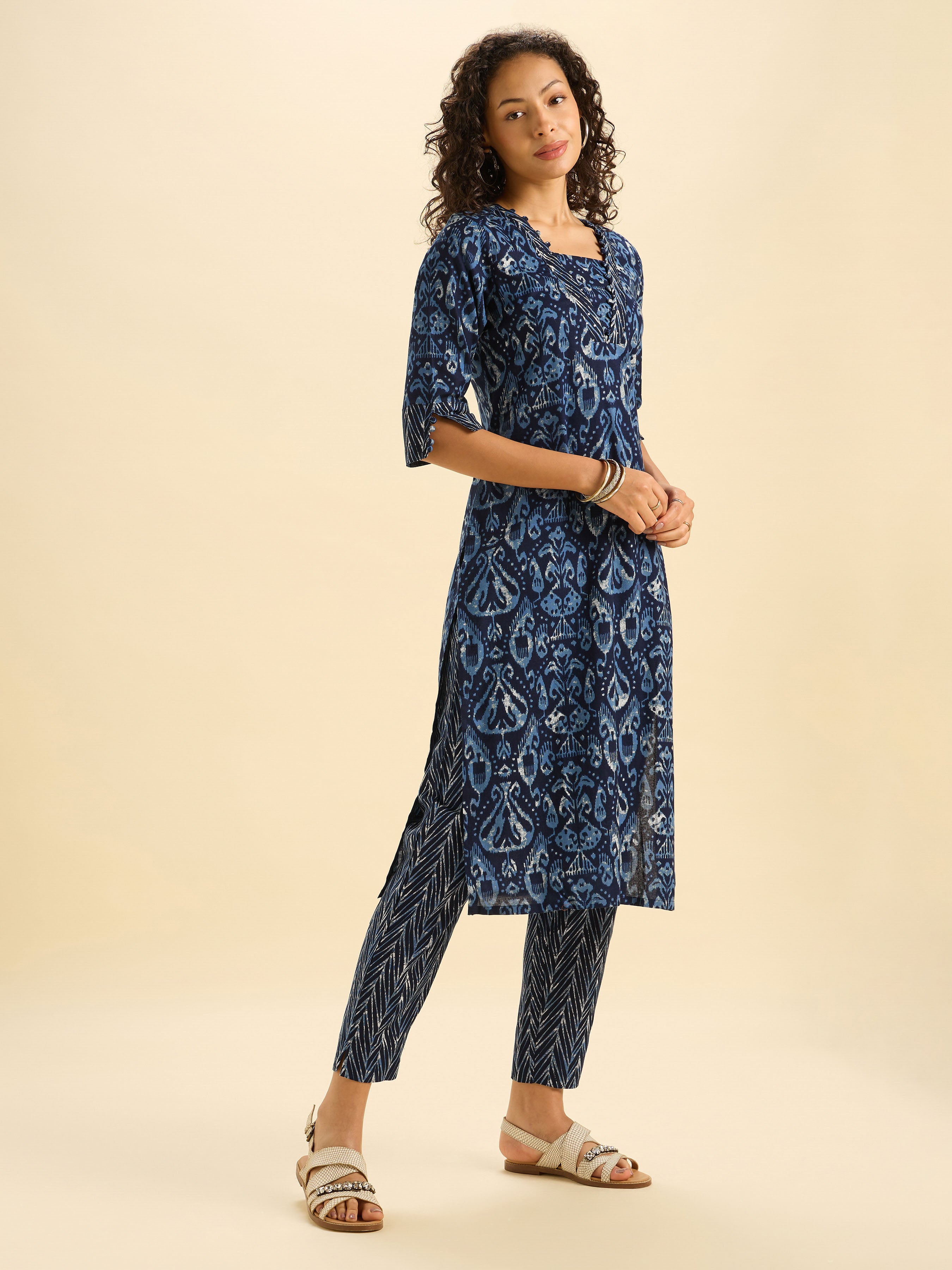 Navy Blue Cotton Flax Printed Slited Kurti Set With Sequins Work