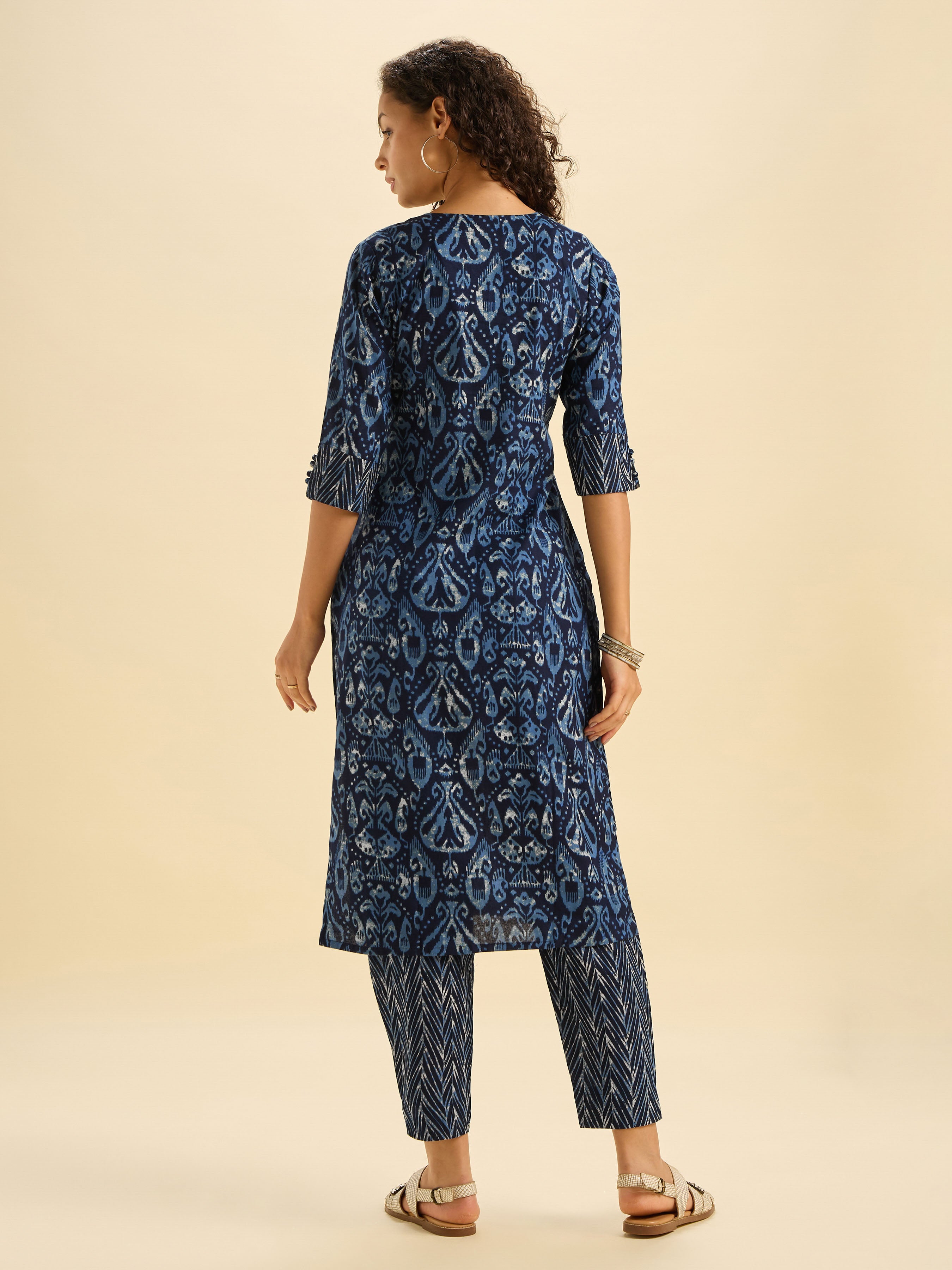 Navy Blue Cotton Flax Printed Slited Kurti Set With Sequins Work