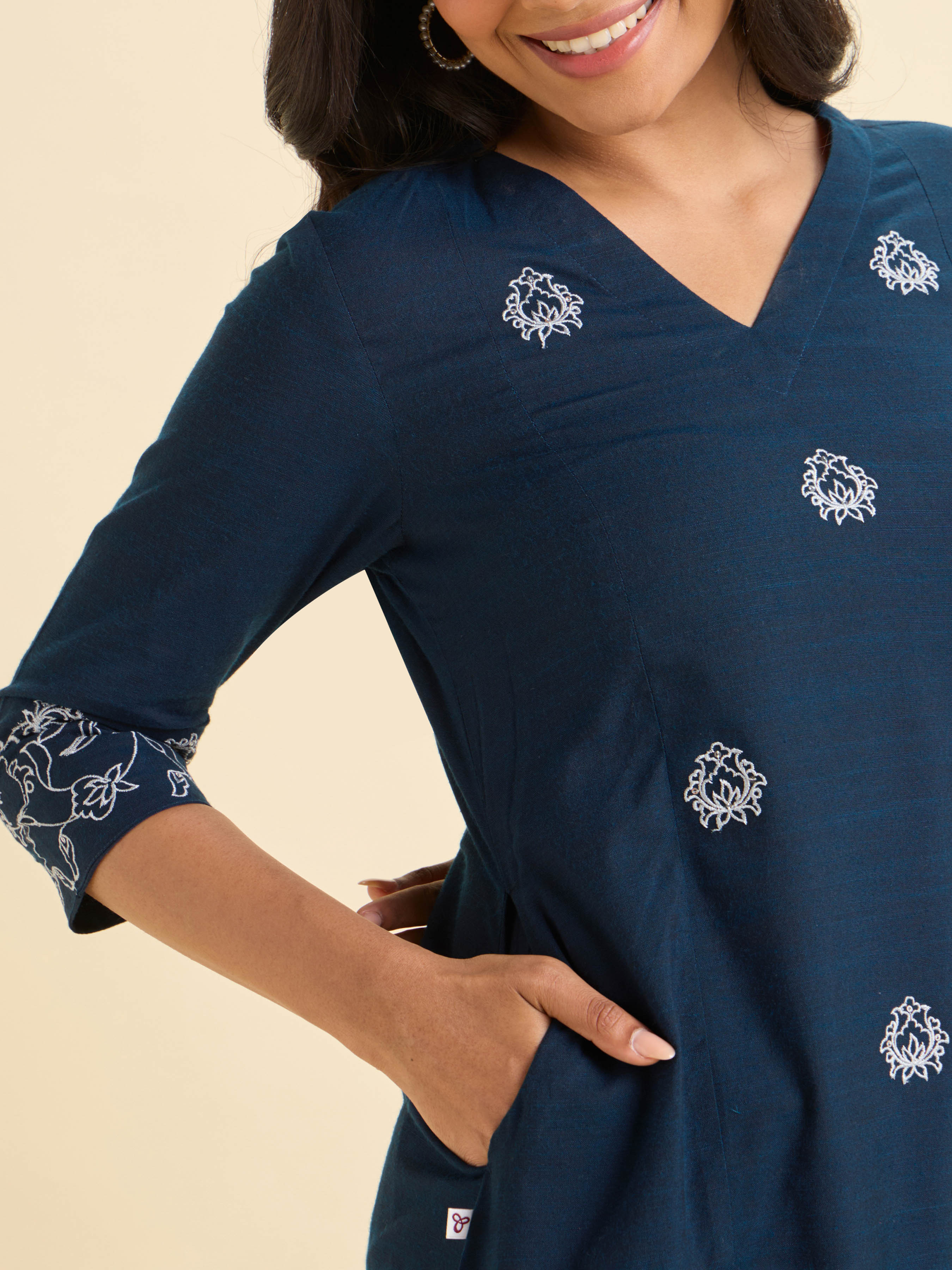 Navy Blue Cotton Viscose Slub Plain Flared Kurti With Sequins Embroidery