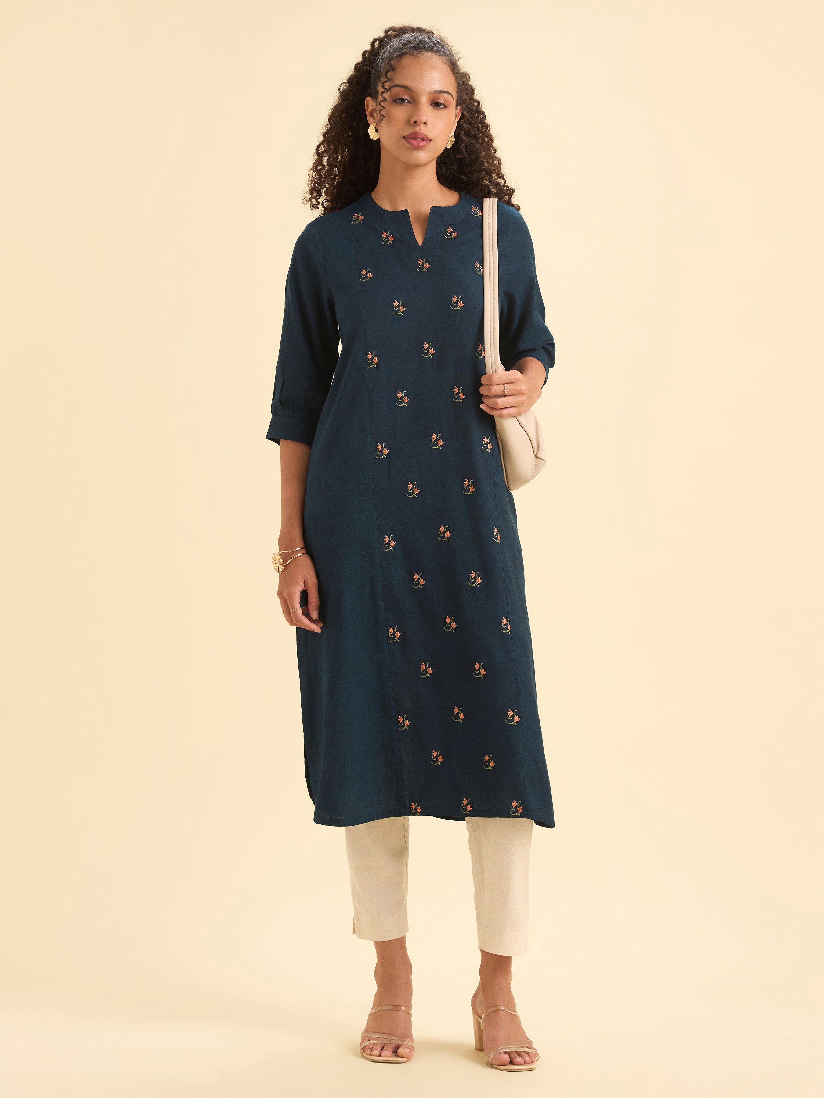 Navy Blue Cotton Viscose Slub Plain Flared Kurti With Curved Hem And Embroidery