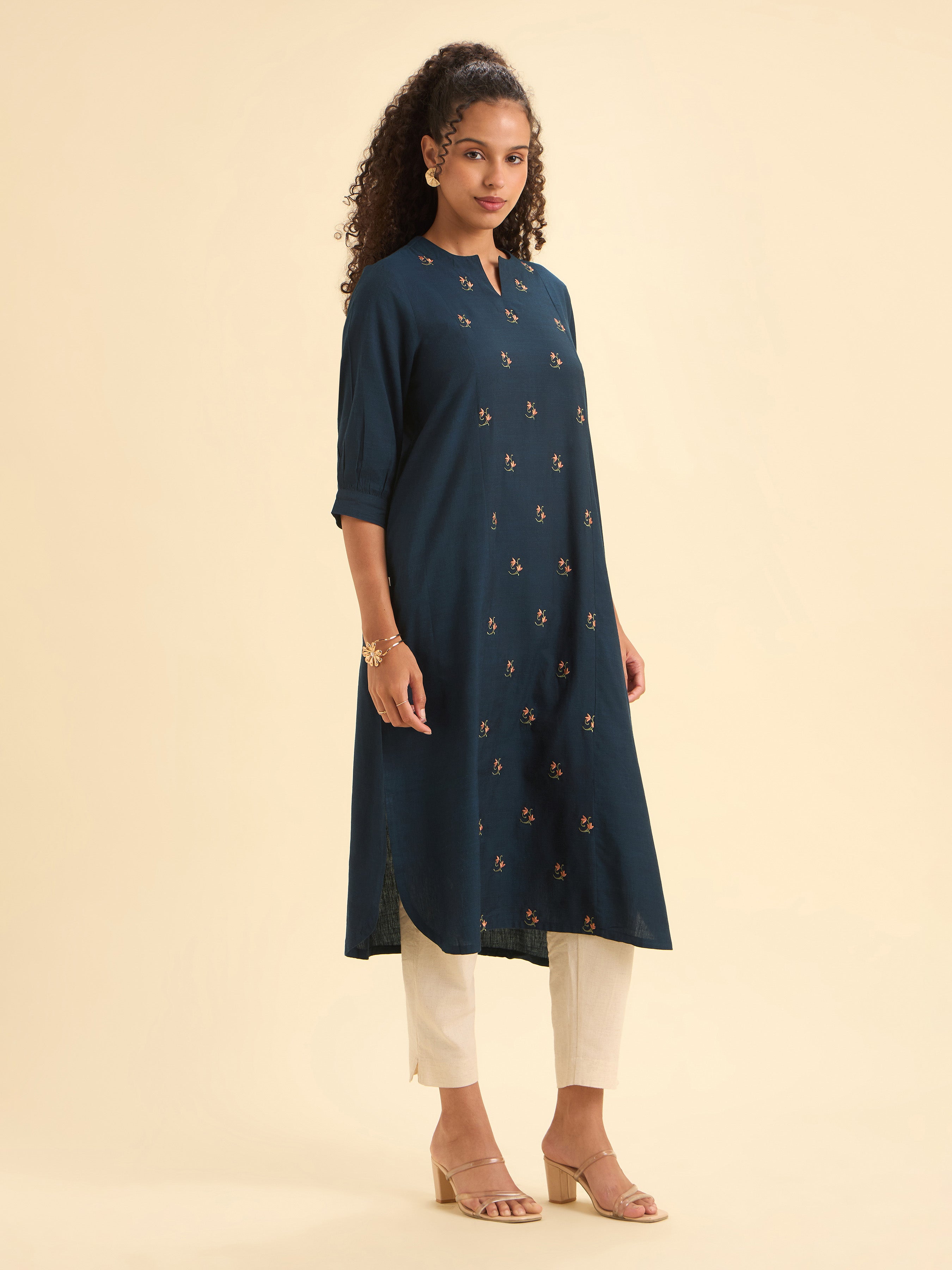 Navy Blue Cotton Viscose Slub Plain Flared Kurti With Curved Hem And Embroidery