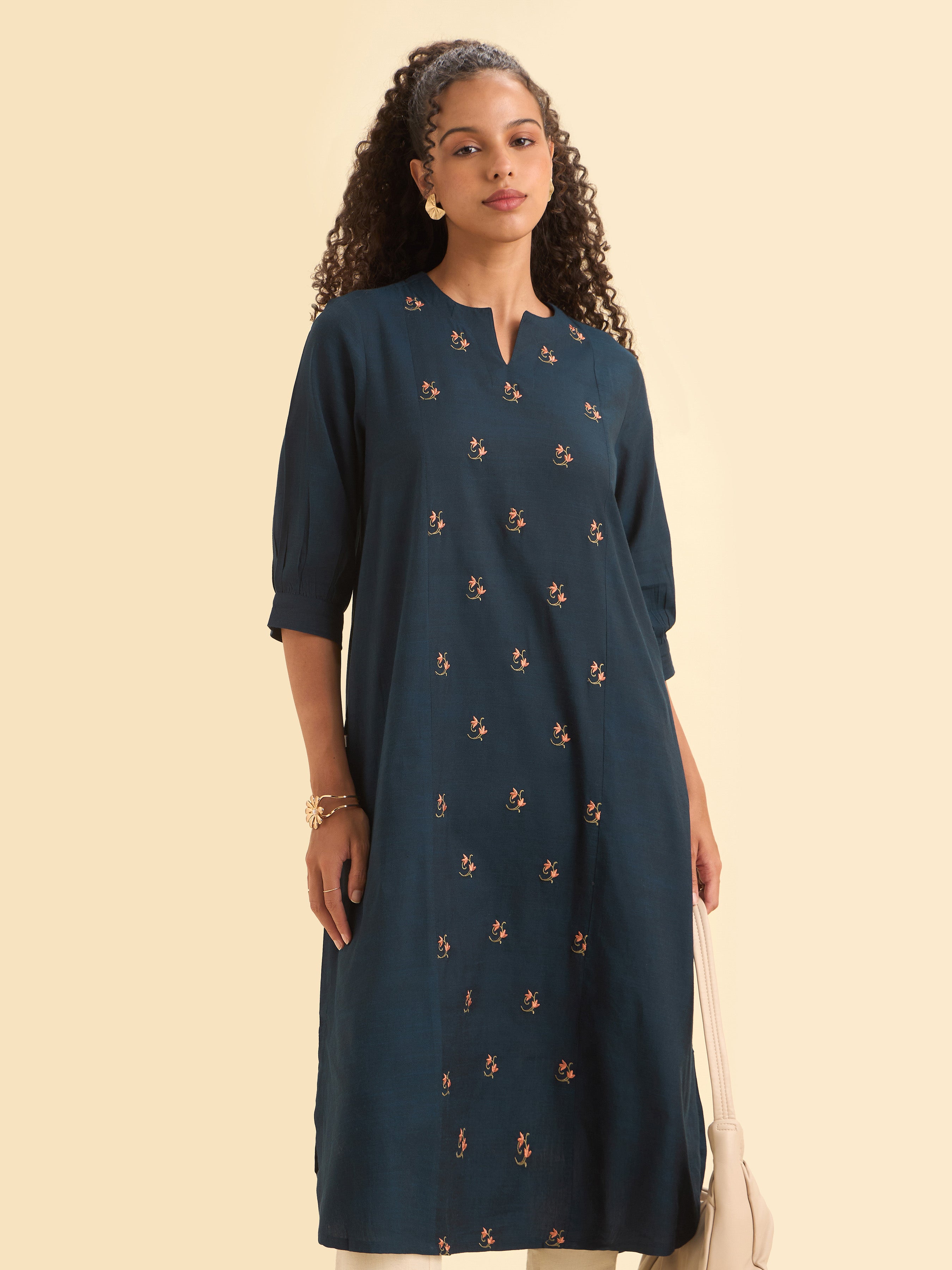 Navy Blue Cotton Viscose Slub Plain Flared Kurti With Curved Hem And Embroidery