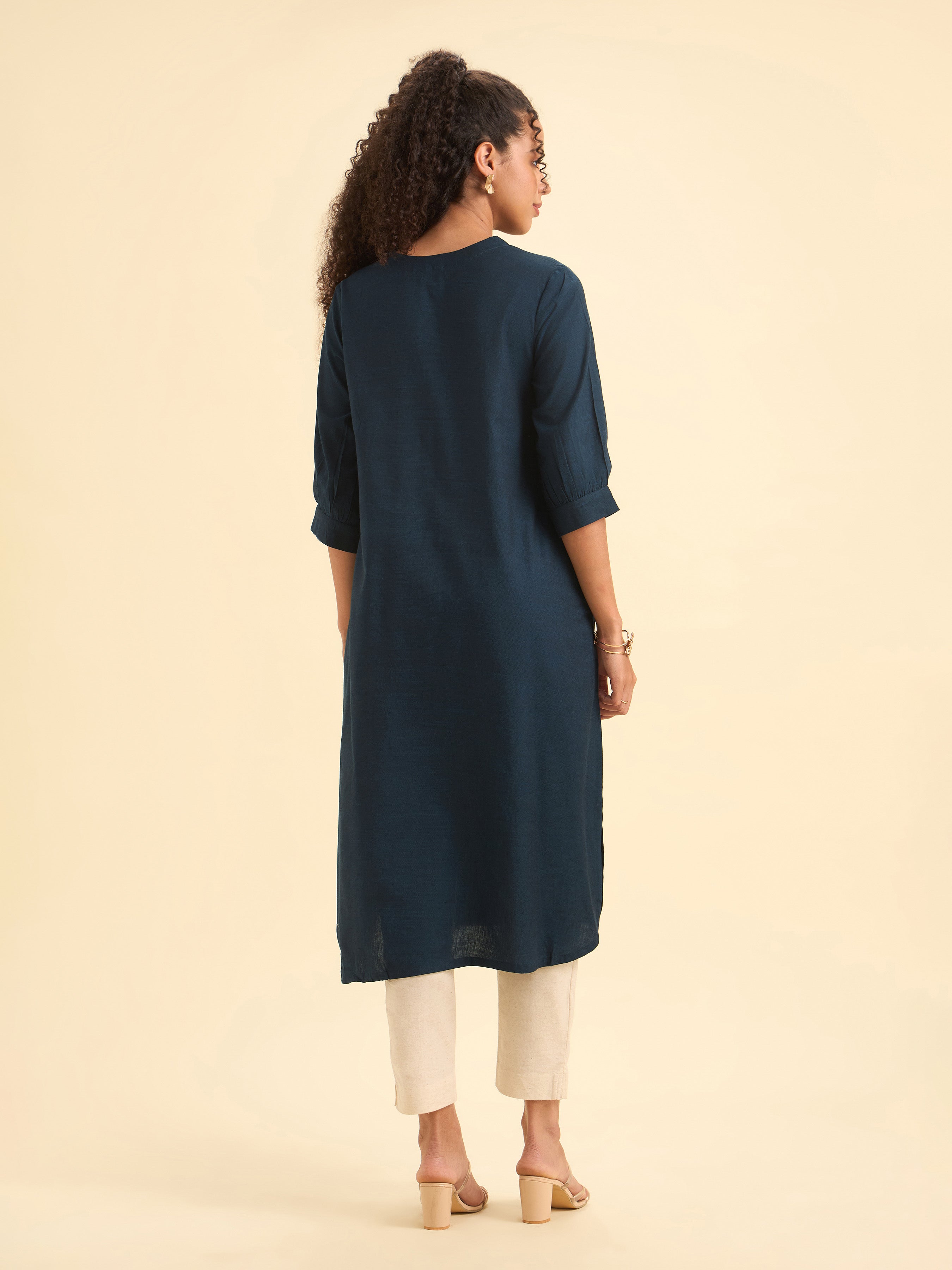 Navy Blue Cotton Viscose Slub Plain Flared Kurti With Curved Hem And Embroidery