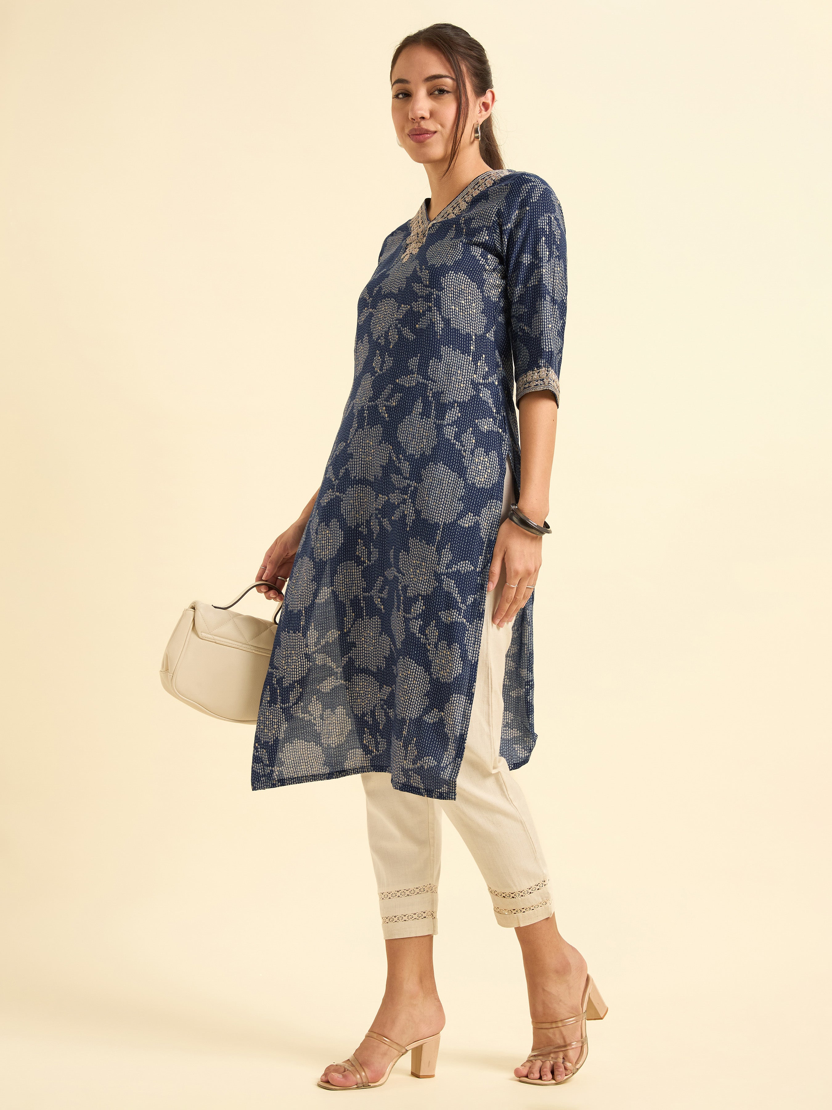 Navy Blue Modal Chanderi Printed Slitted Kurti With Embroidery & Sequins Work