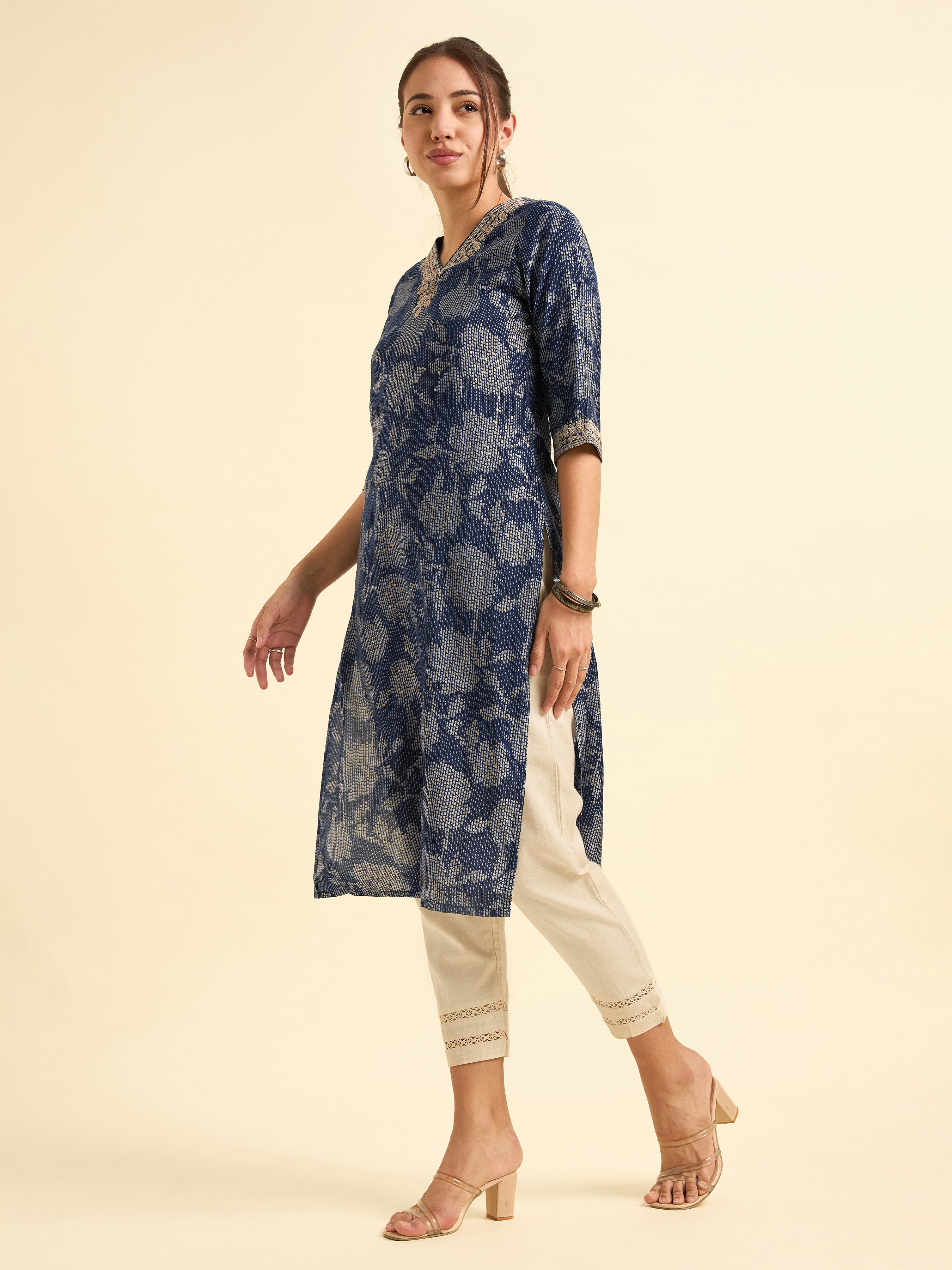 Navy Blue Modal Chanderi Printed Slitted Kurti With Embroidery & Sequins Work