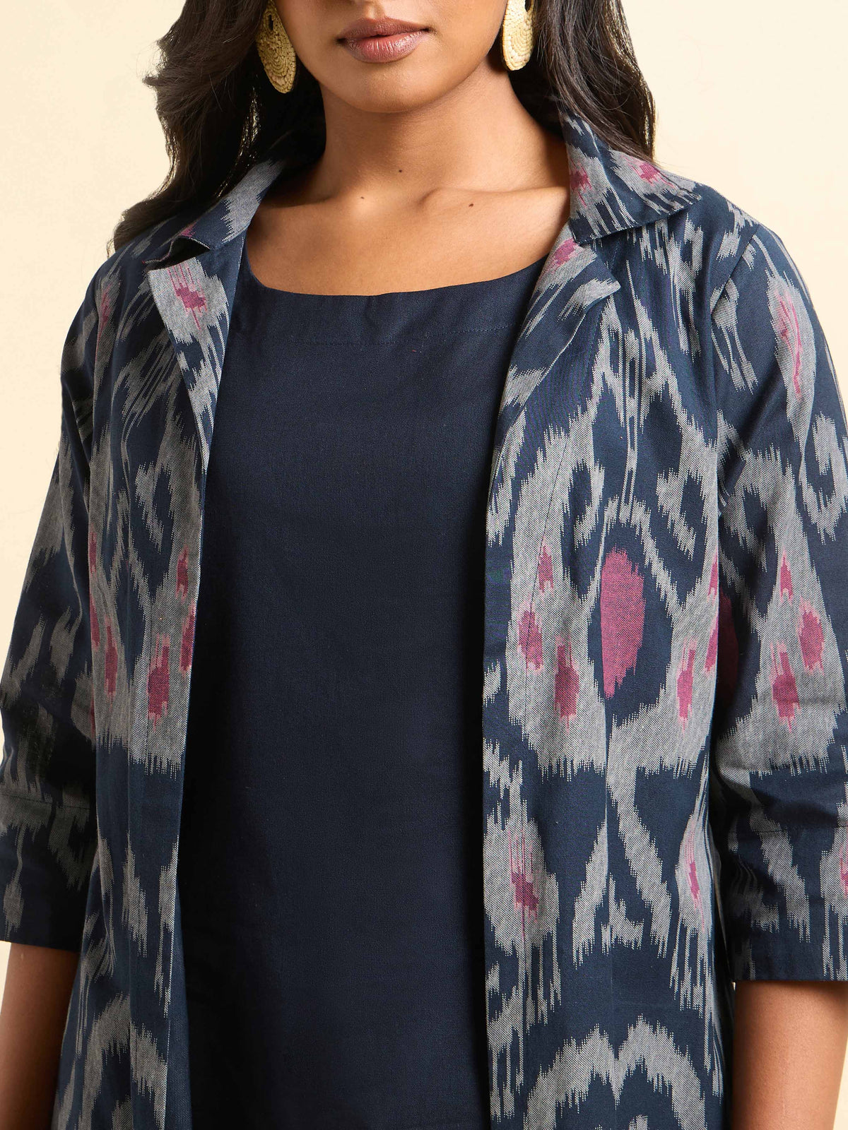 Navy Blue Multi-Colour Cotton Flax Printed Kurti With Separate Sleeveless Inner