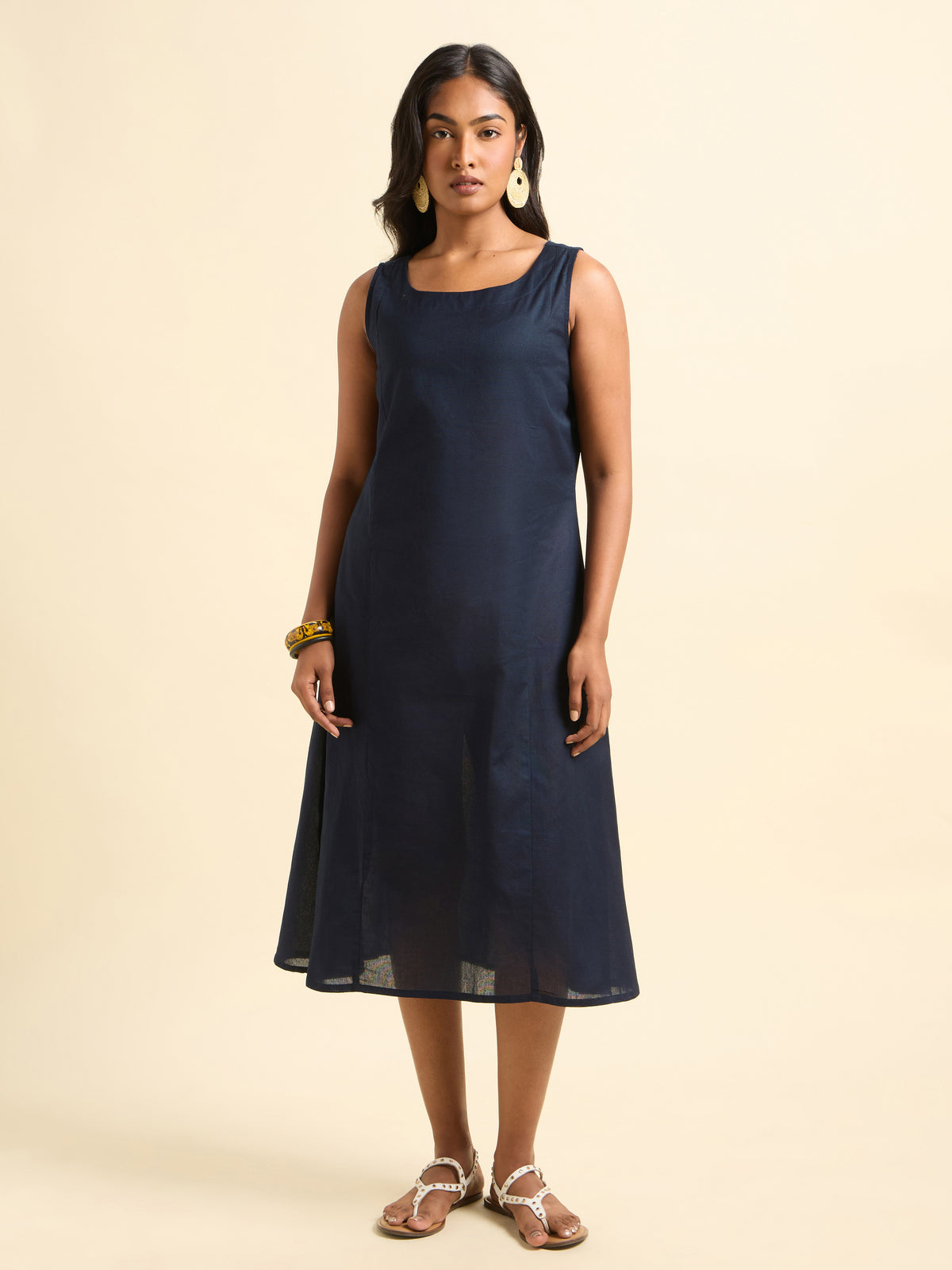 Navy Blue Multi-Colour Cotton Flax Printed Kurti With Separate Sleeveless Inner