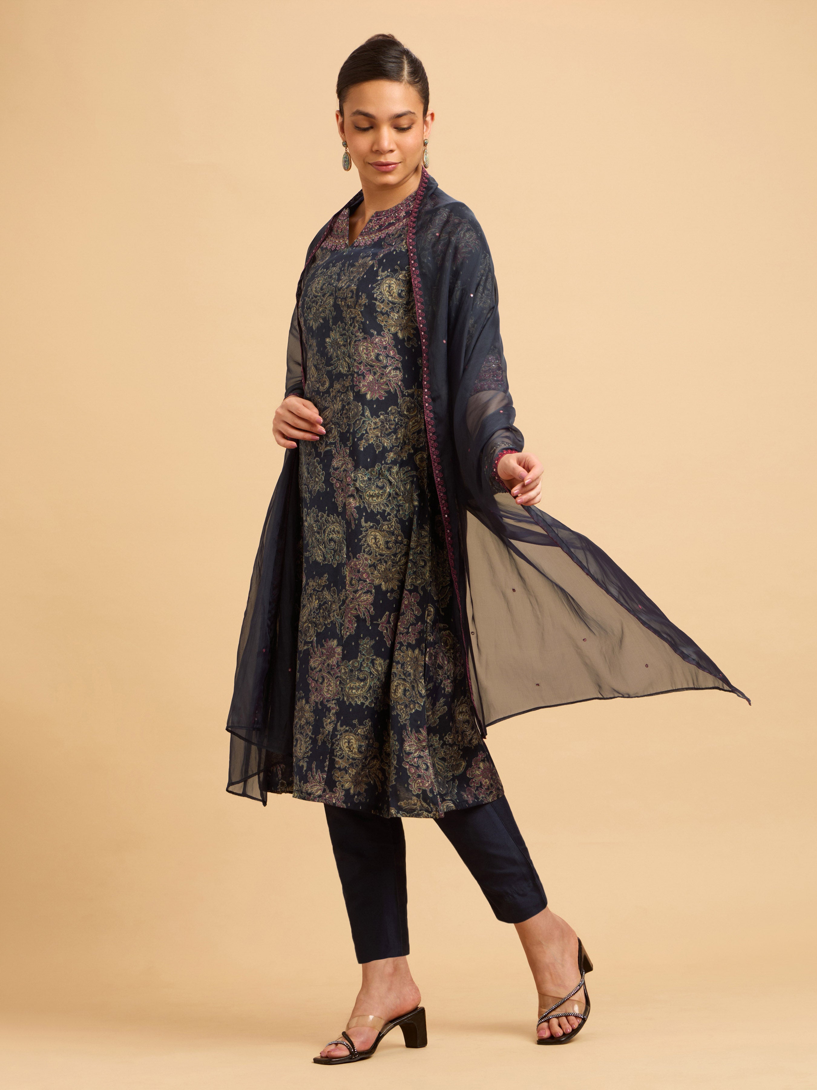 Navy Blue Multi Colour Modal Chanderi Dobby Print Kurti Set With Sequins Embroidery And Sequins Embroidery Dupatta