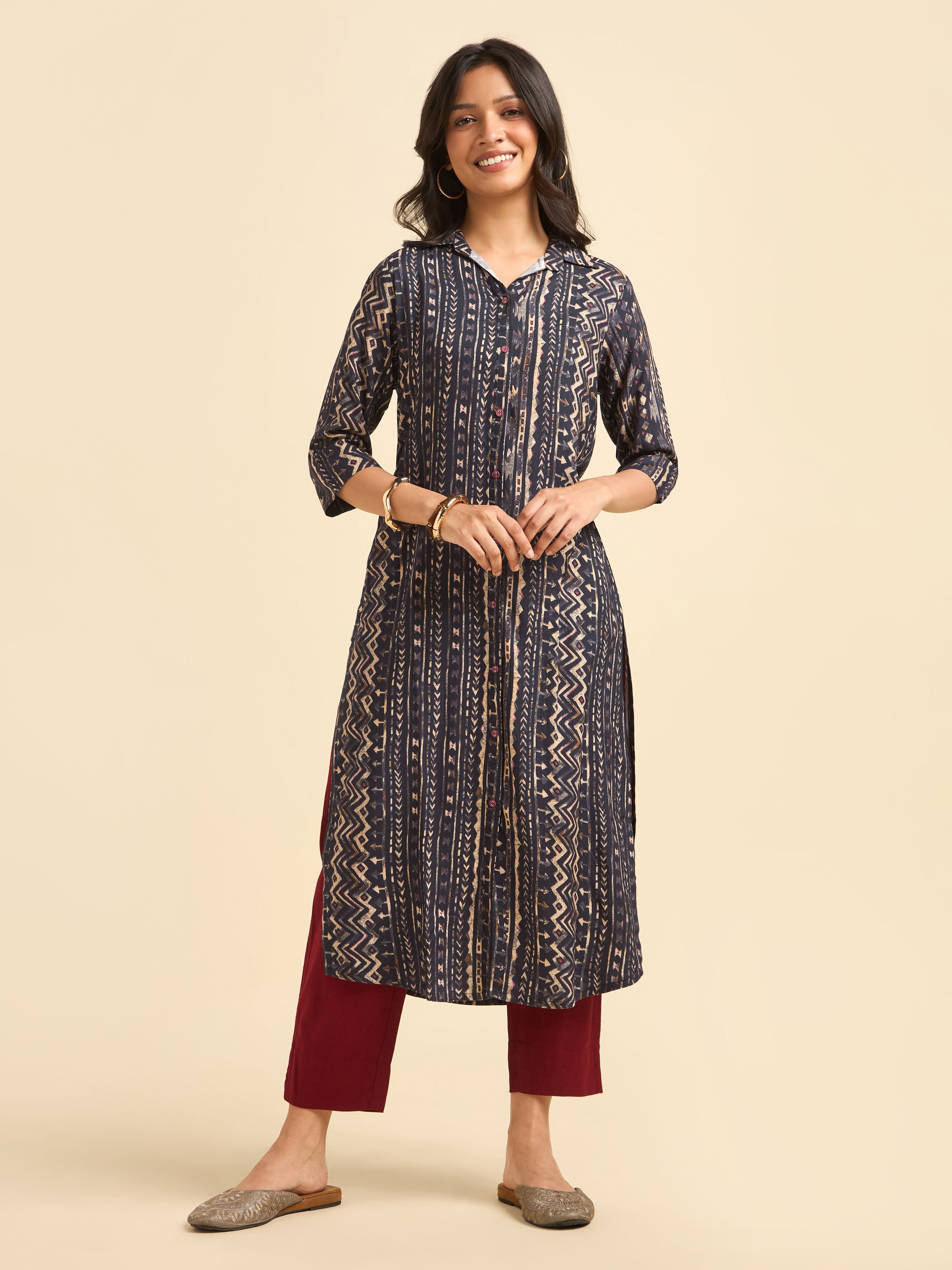 Navy Blue Multi Colour Viscose Printed Kurti With Contrast Buttons