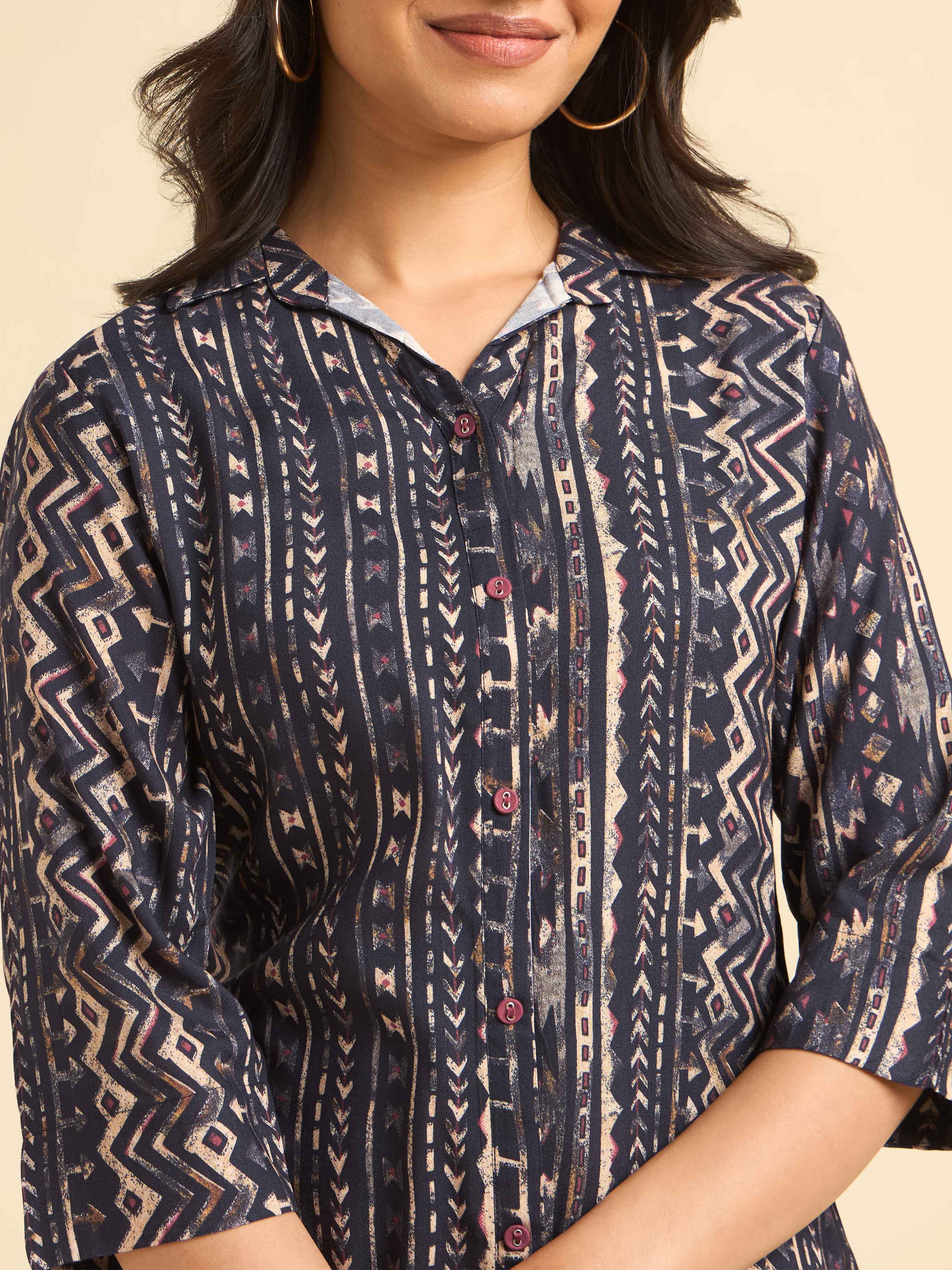 Navy Blue Multi Colour Viscose Printed Kurti With Contrast Buttons
