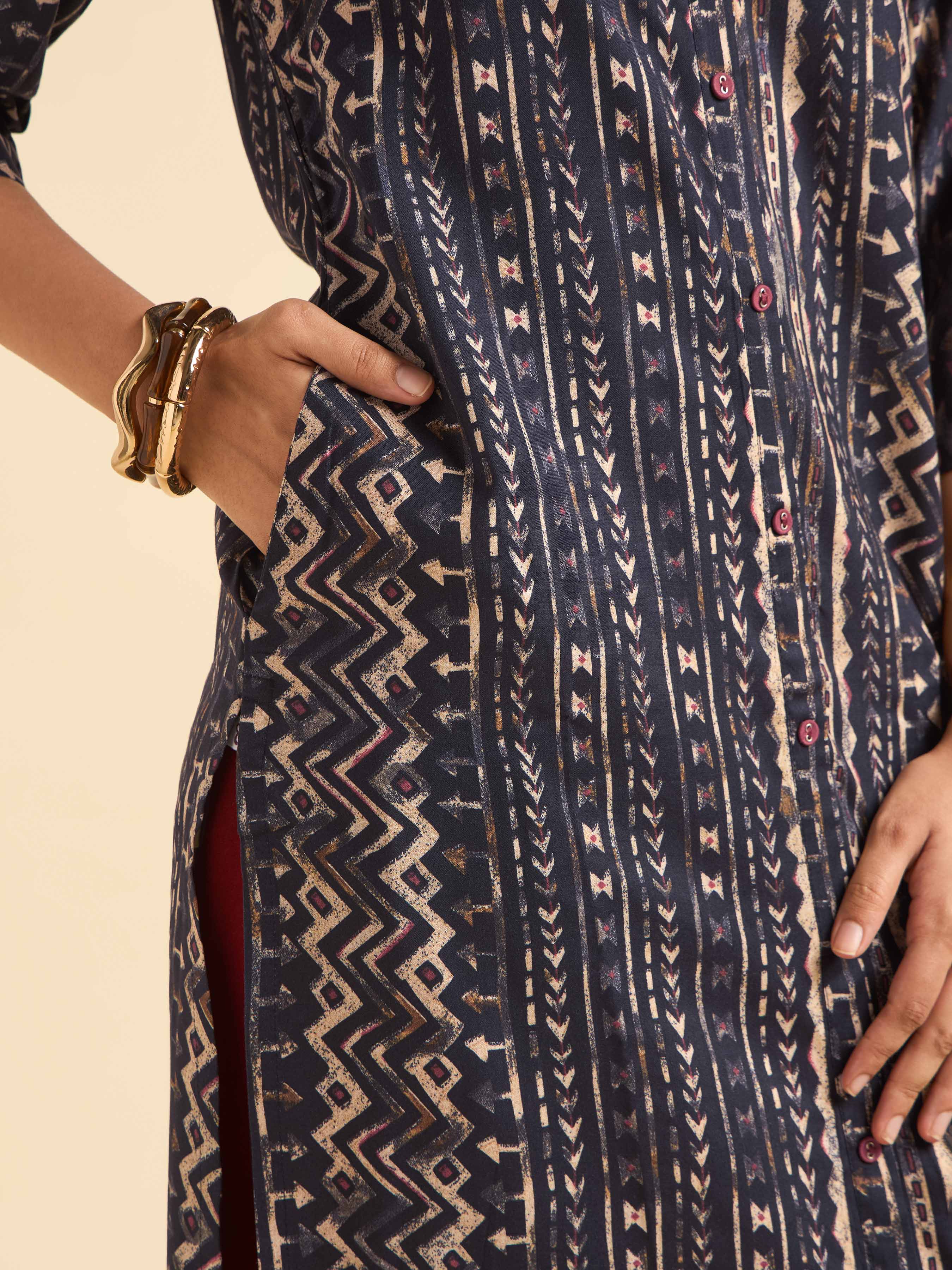 Navy Blue Multi Colour Viscose Printed Kurti With Contrast Buttons