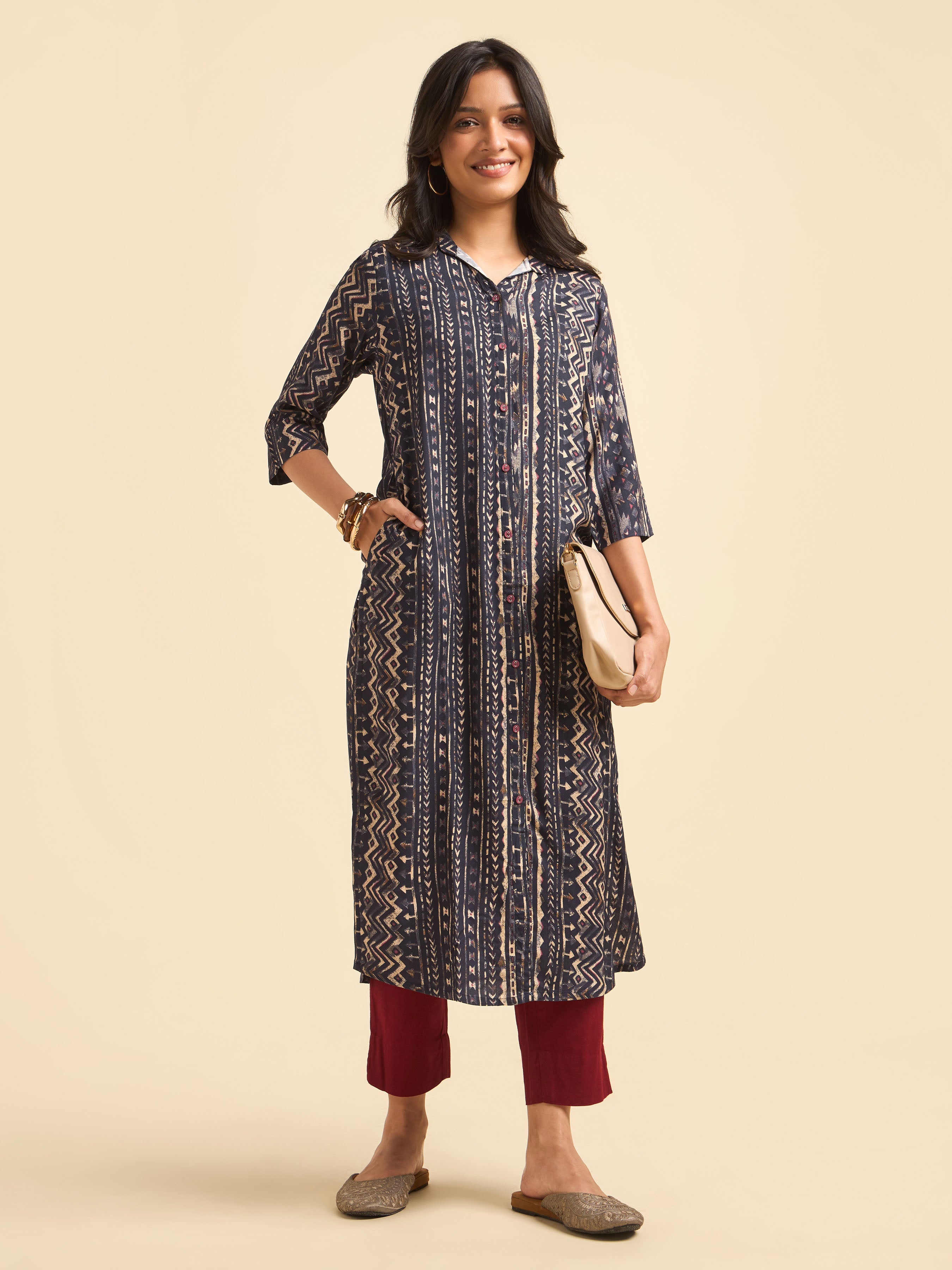 Navy Blue Multi Colour Viscose Printed Kurti With Contrast Buttons