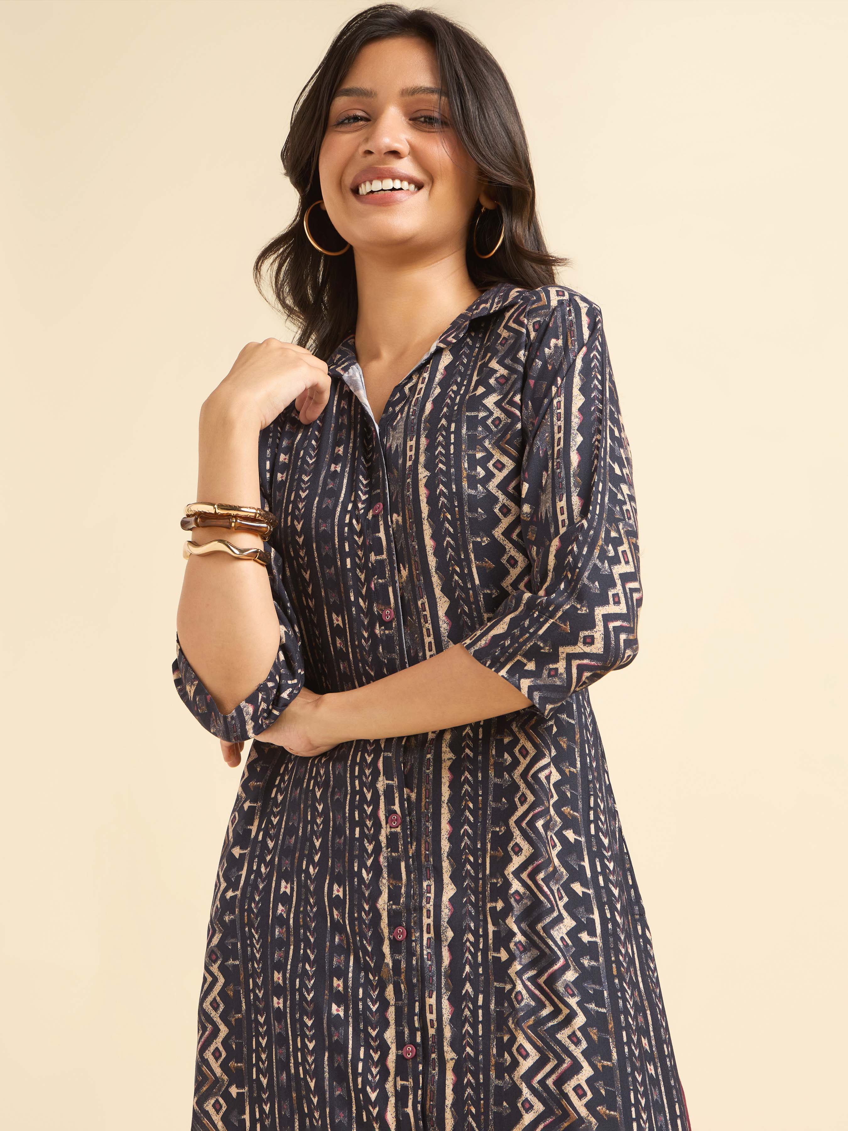 Navy Blue Multi Colour Viscose Printed Kurti With Contrast Buttons