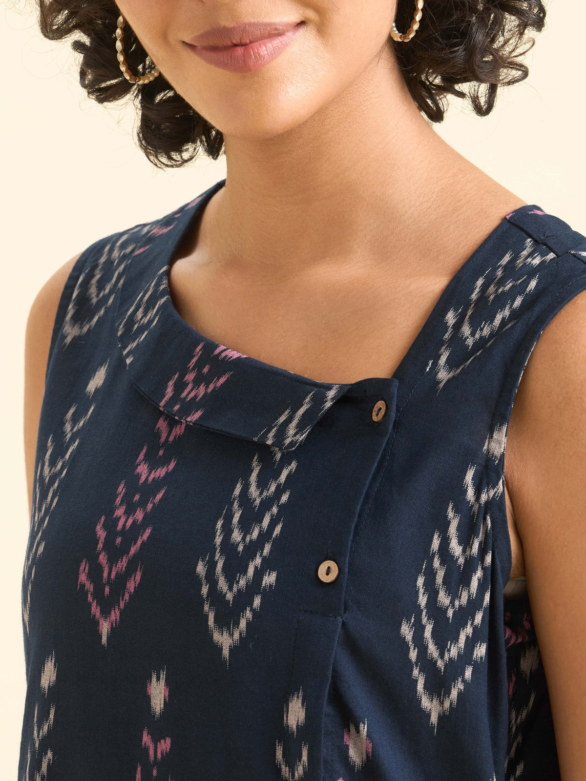 Navy Blue Multicolour Cottonflax Kurti