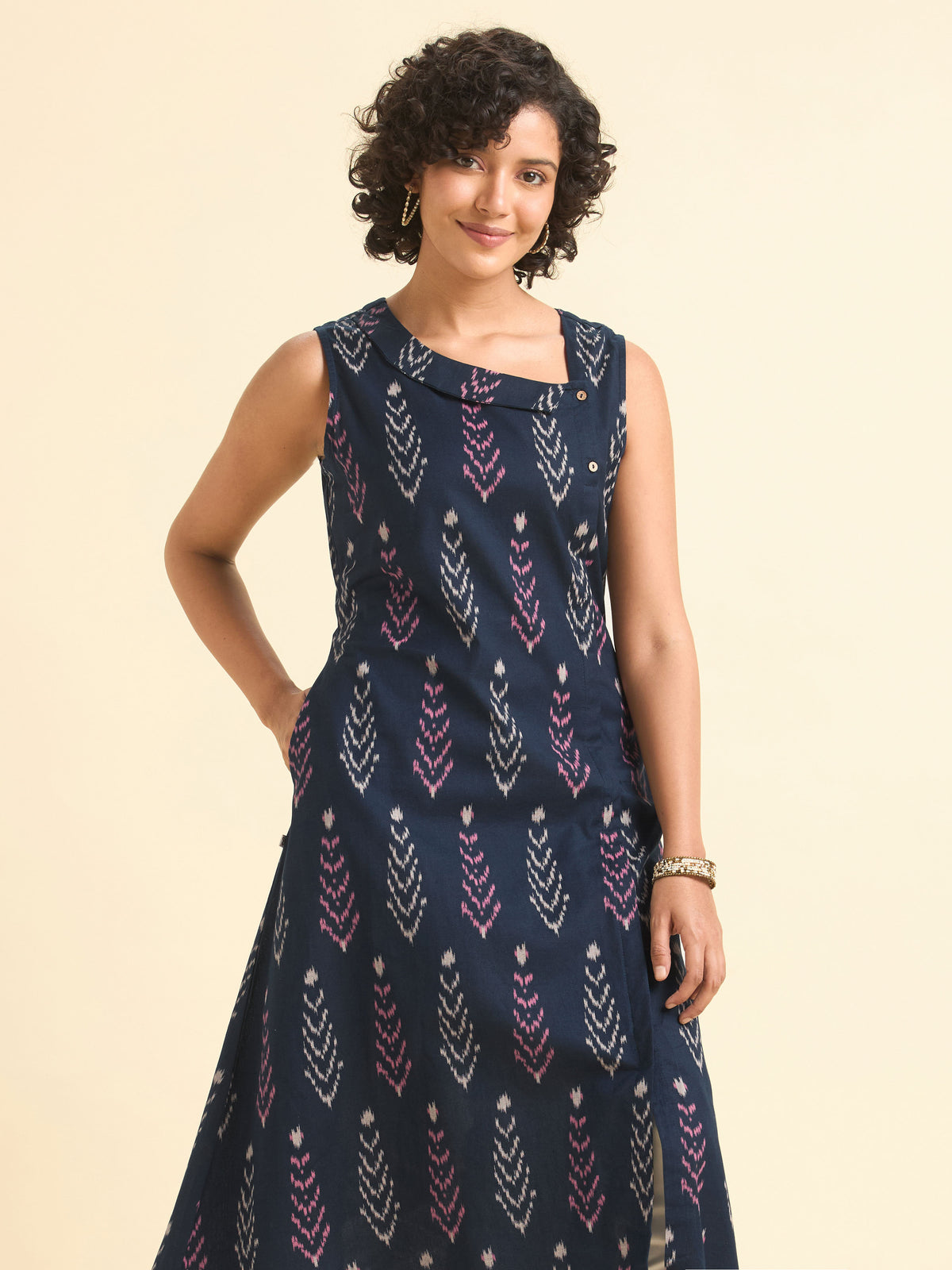 Navy Blue Multicolour Cottonflax Kurti