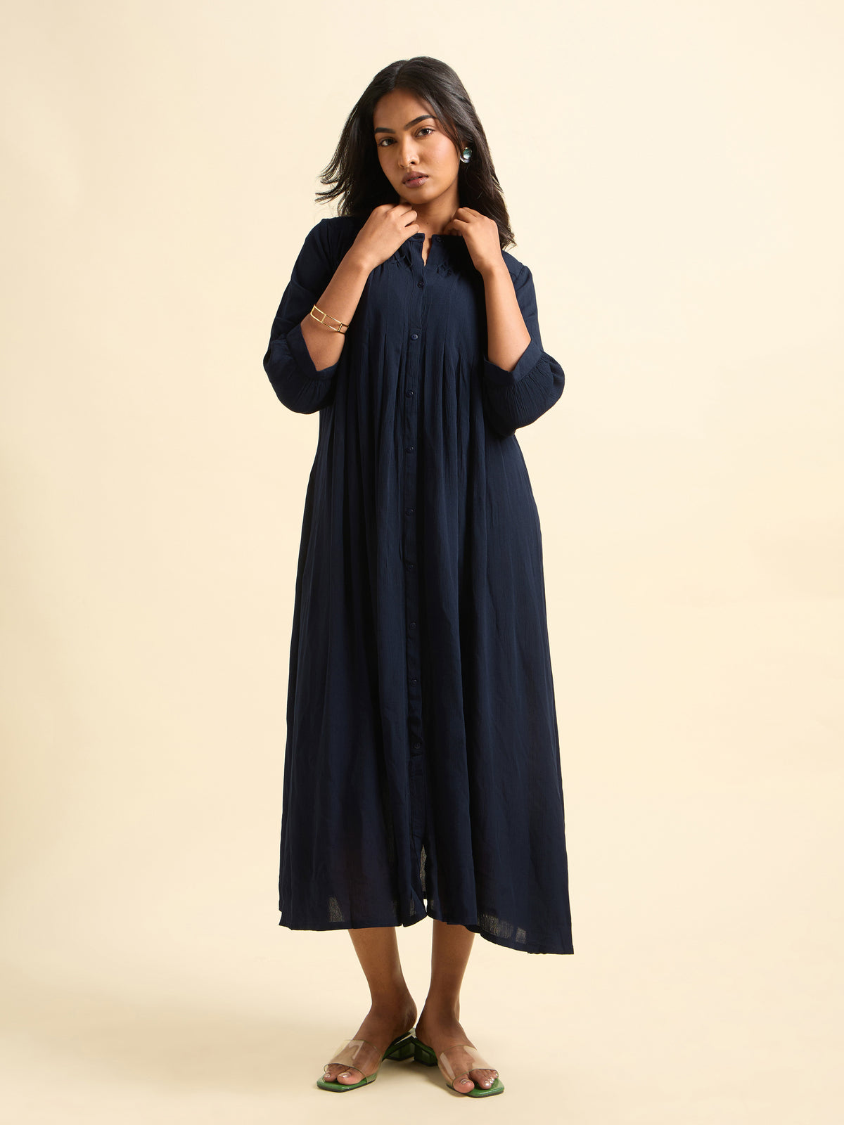 Navy Blue Wrinkle Viscose Plain Flared Kurti With Honeycomb Pleat Detailing