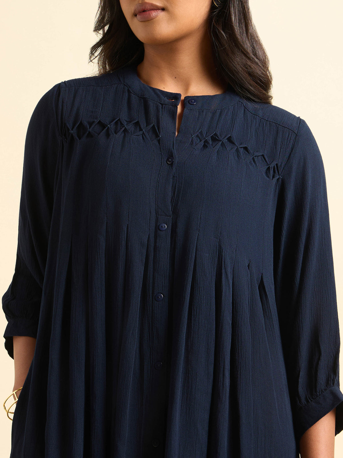 Navy Blue Wrinkle Viscose Plain Flared Kurti With Honeycomb Pleat Detailing