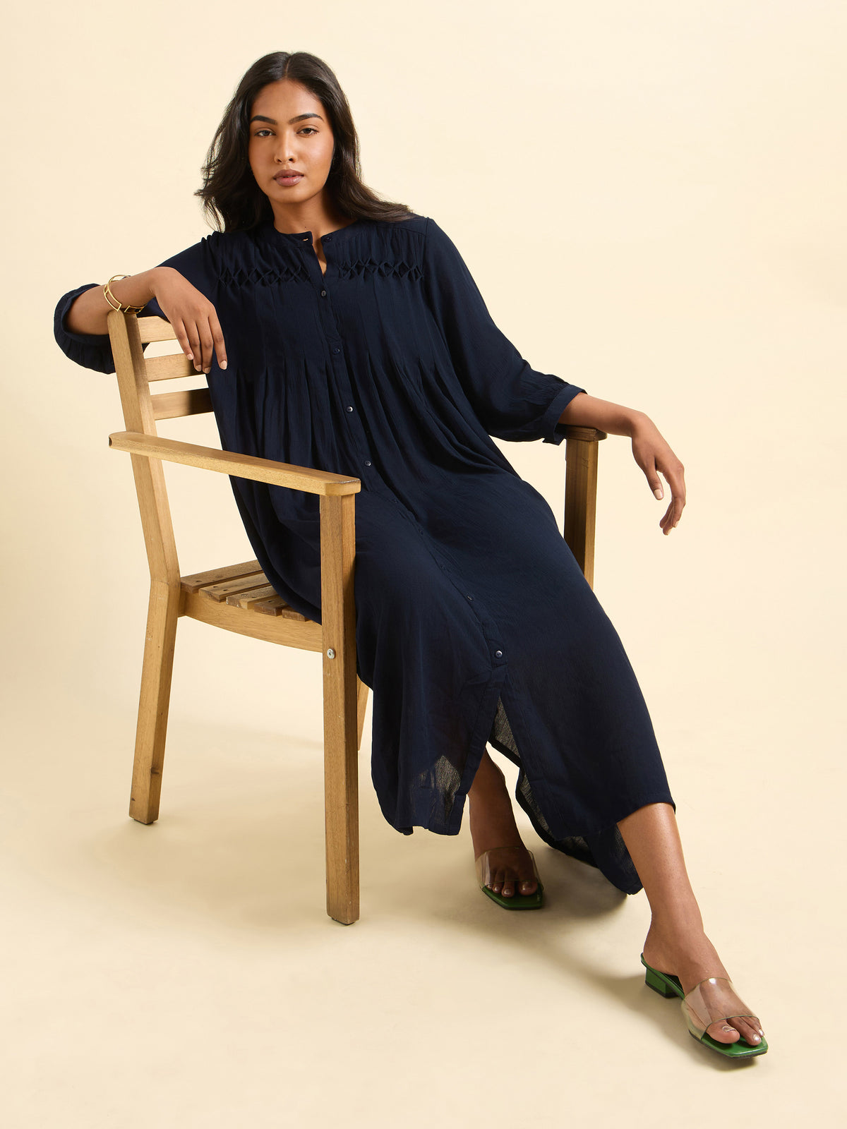 Navy Blue Wrinkle Viscose Plain Flared Kurti With Honeycomb Pleat Detailing