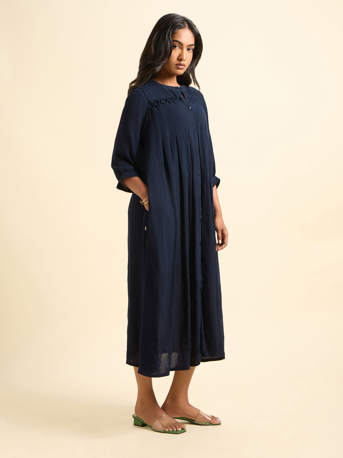 Navy Blue Wrinkle Viscose Plain Flared Kurti With Honeycomb Pleat Detailing