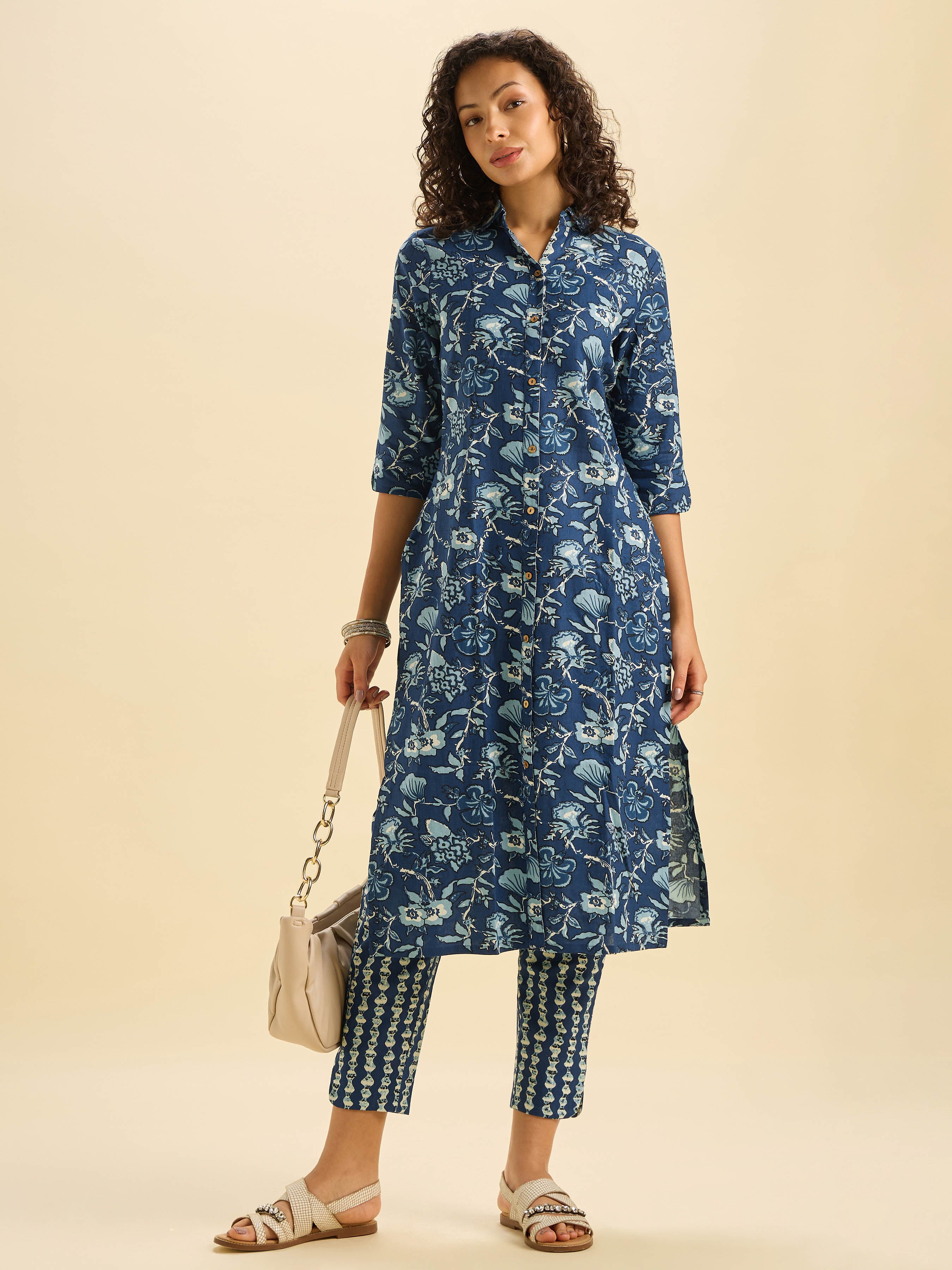 Navy Blue And Multi Colour Cotton Flax Printed Kurti Set