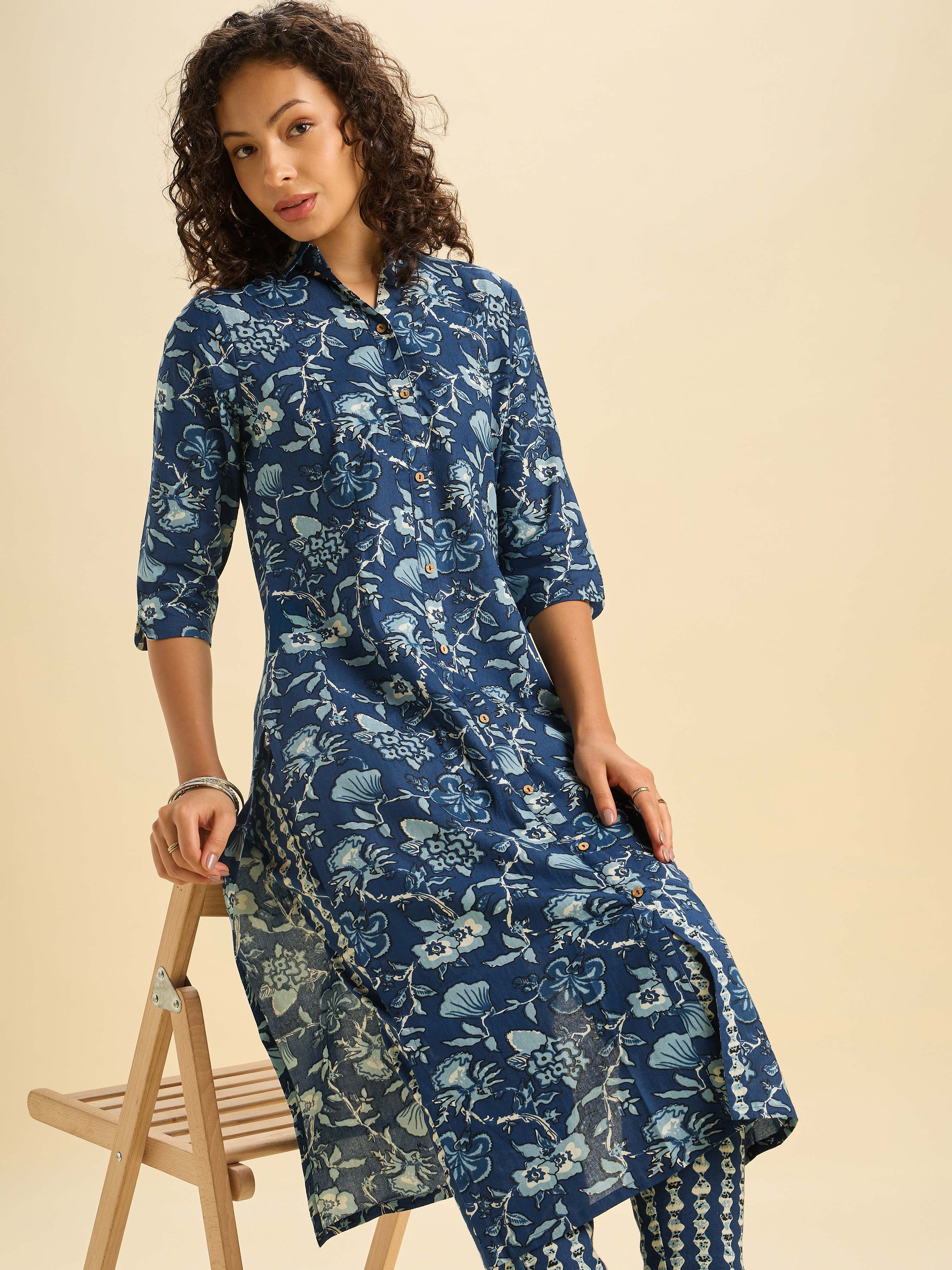 Navy Blue And Multi Colour Cotton Flax Printed Kurti Set