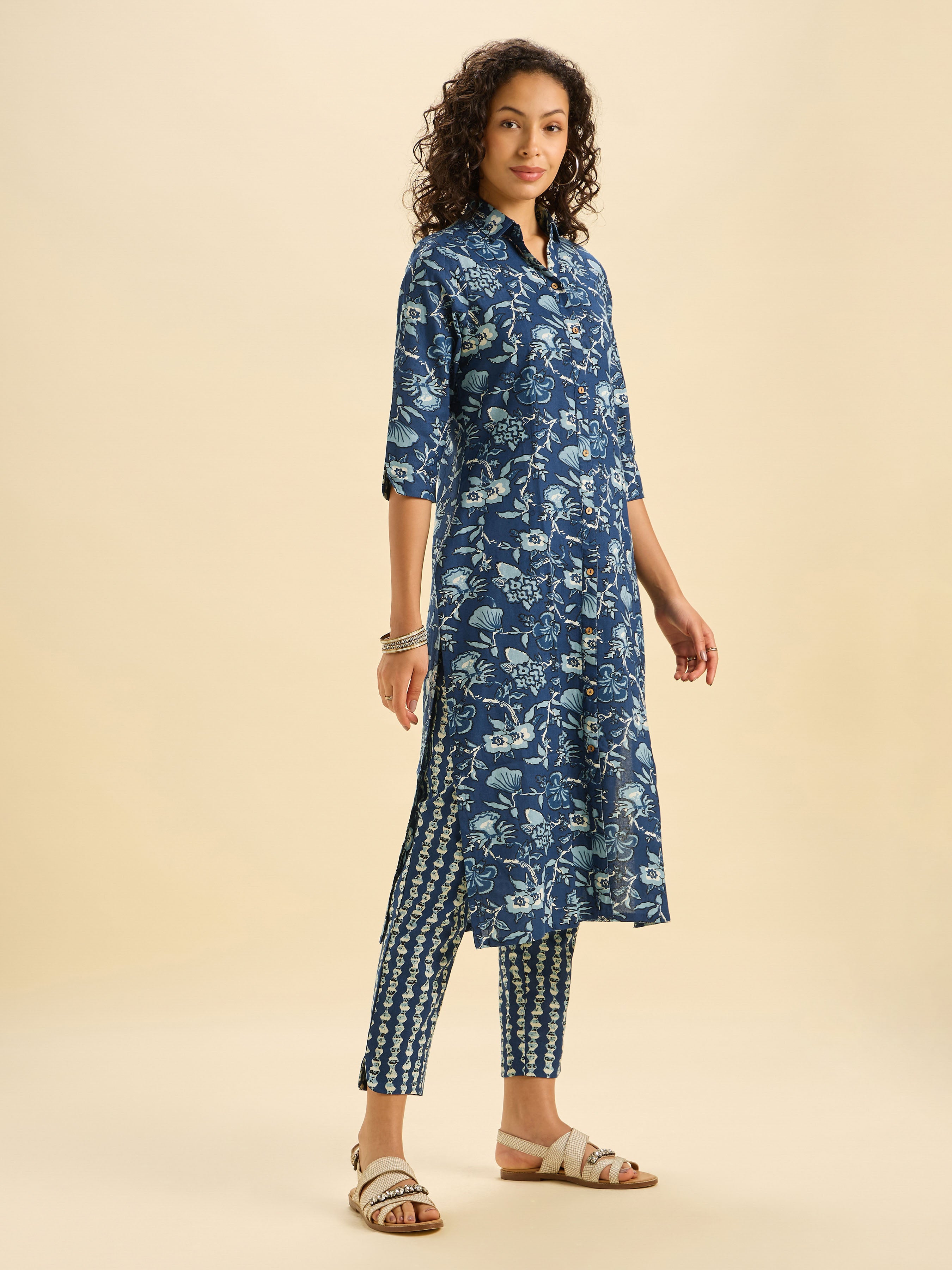 Navy Blue And Multi Colour Cotton Flax Printed Kurti Set