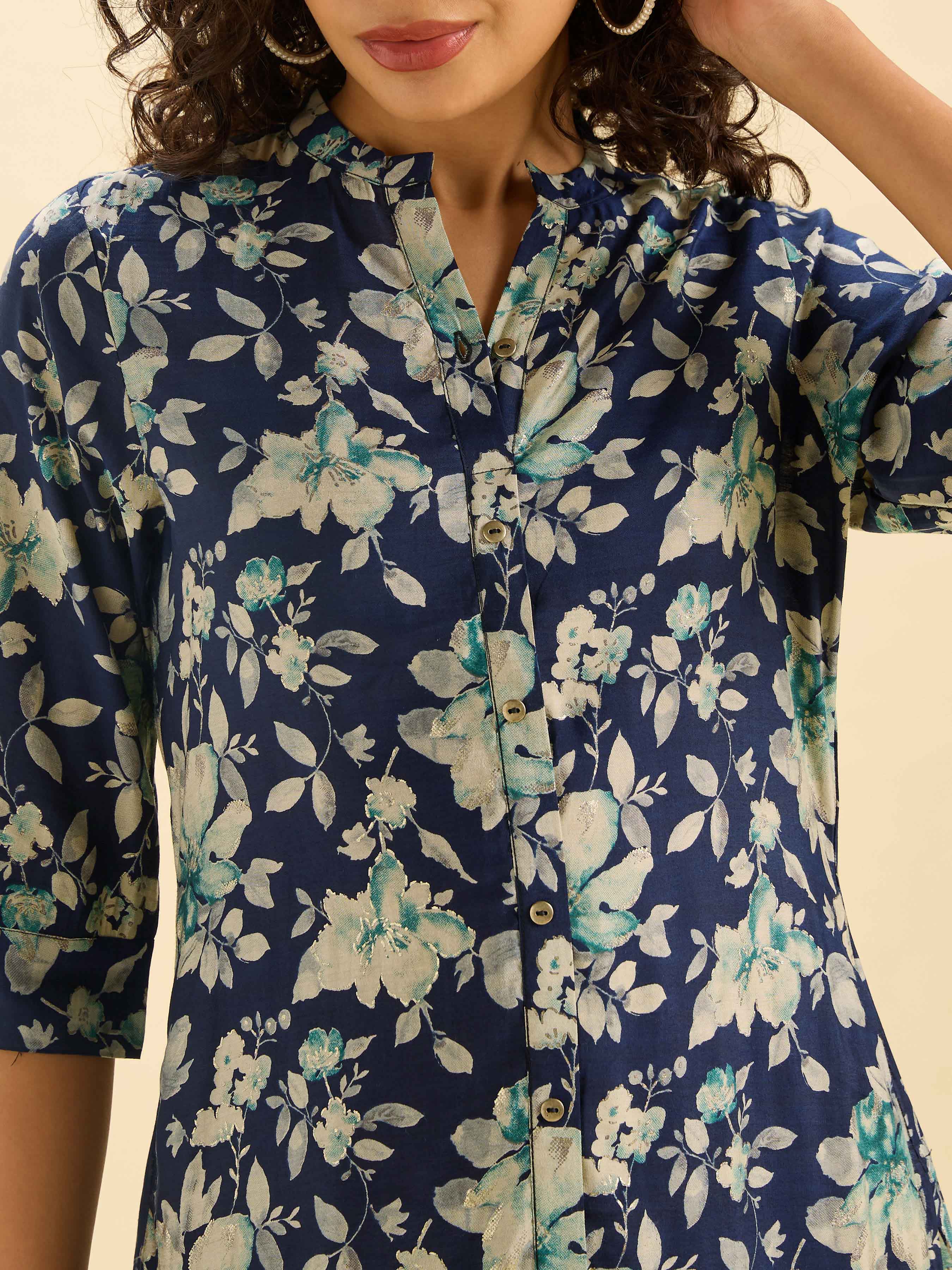 Navy Multi Colour Modal Chanderi Printed Slited Kurti