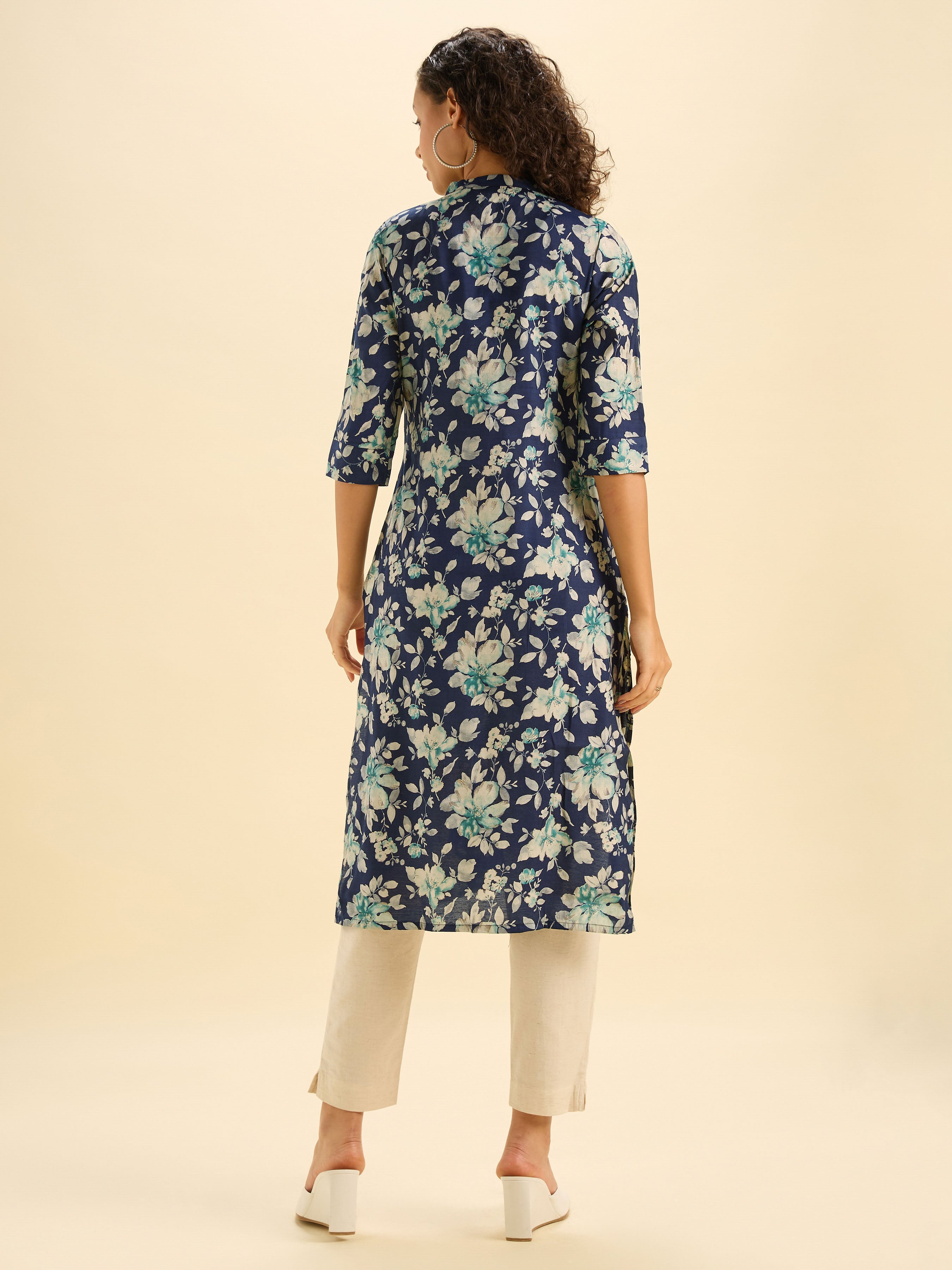 Navy Multi Colour Modal Chanderi Printed Slited Kurti