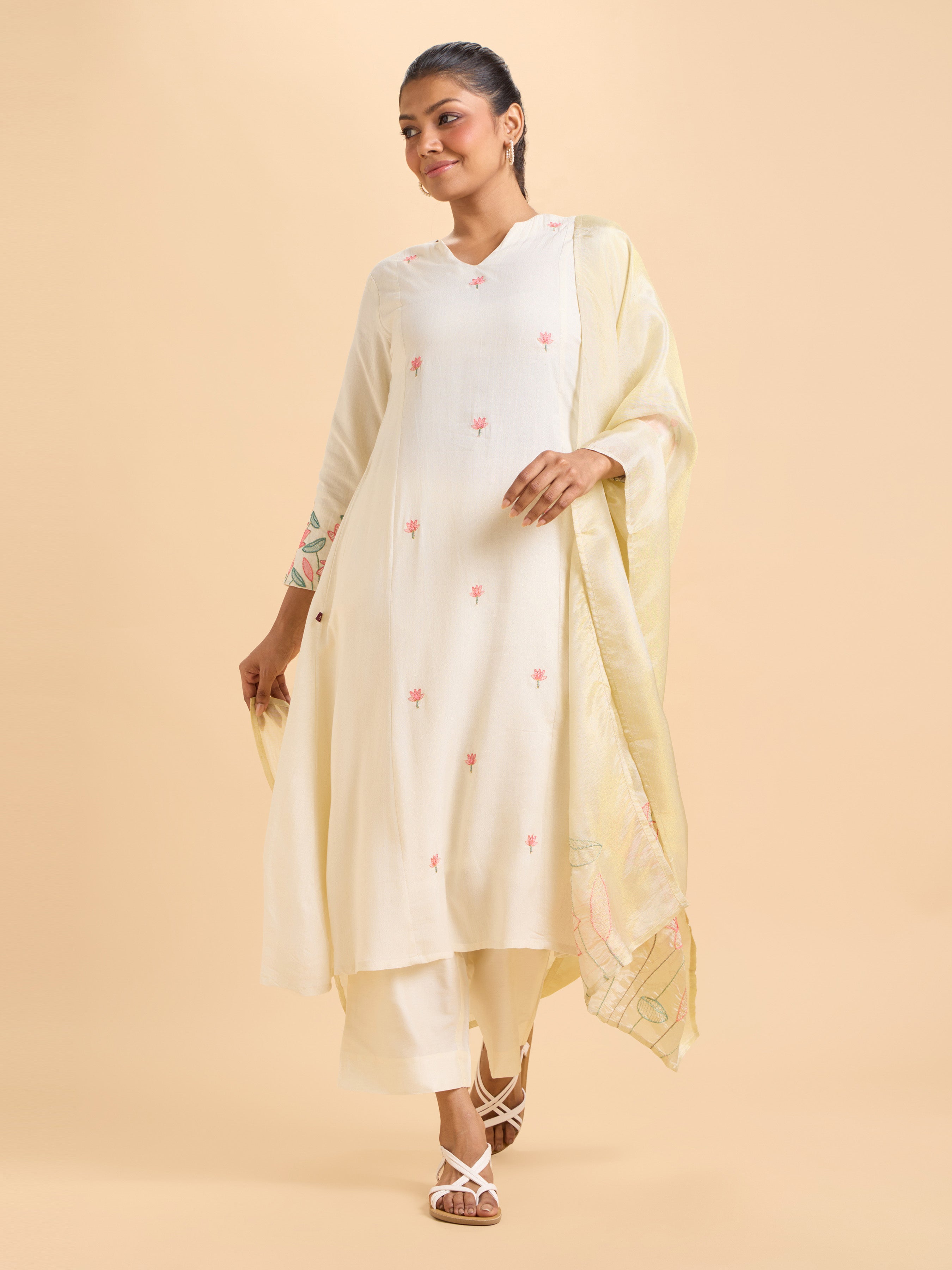 Off White Viscose Shimmer Plain Flared Kurti Set With Duppatta And Sequins Embroidery