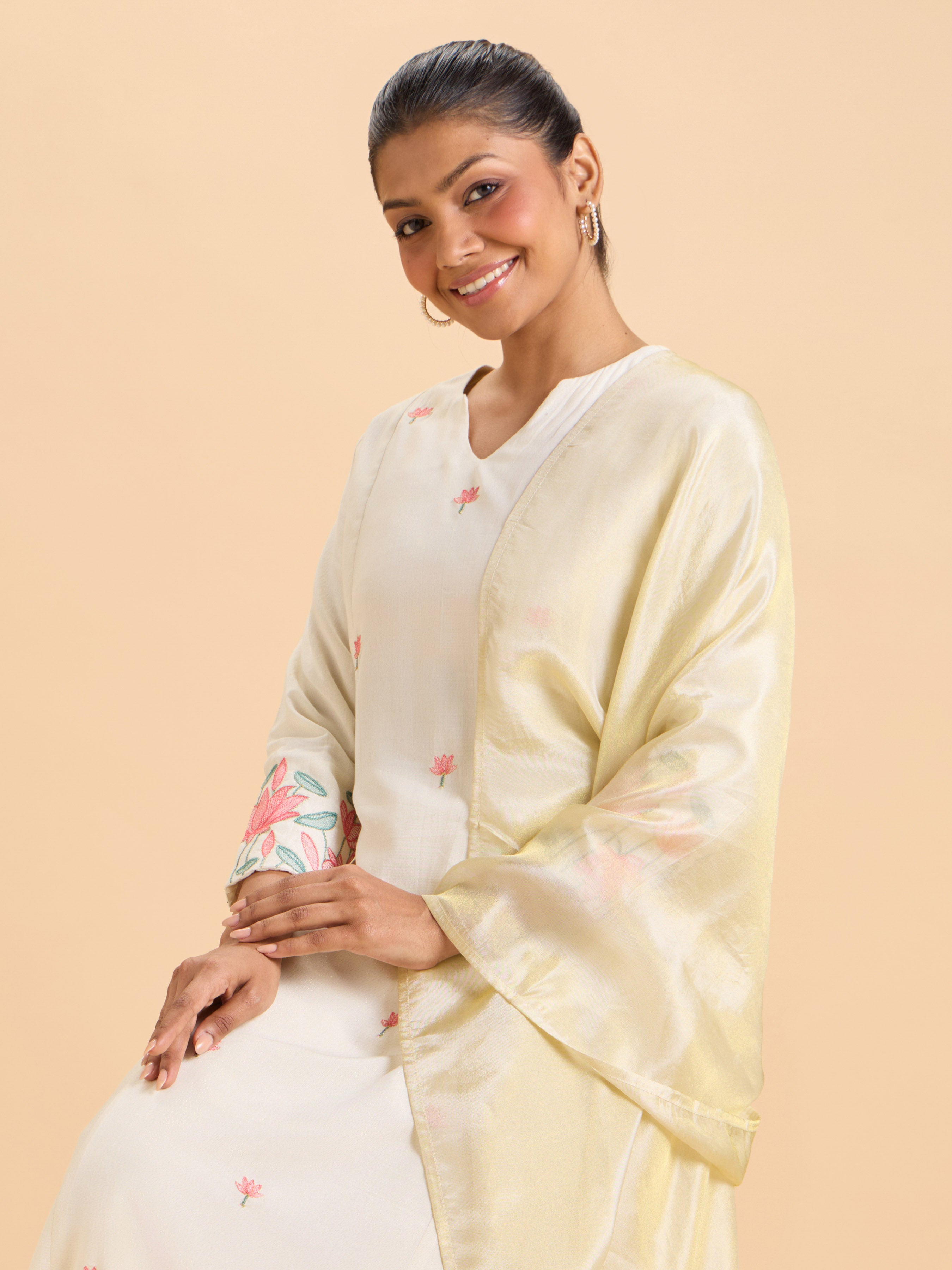 Off White Viscose Shimmer Plain Flared Kurti Set With Duppatta And Sequins Embroidery