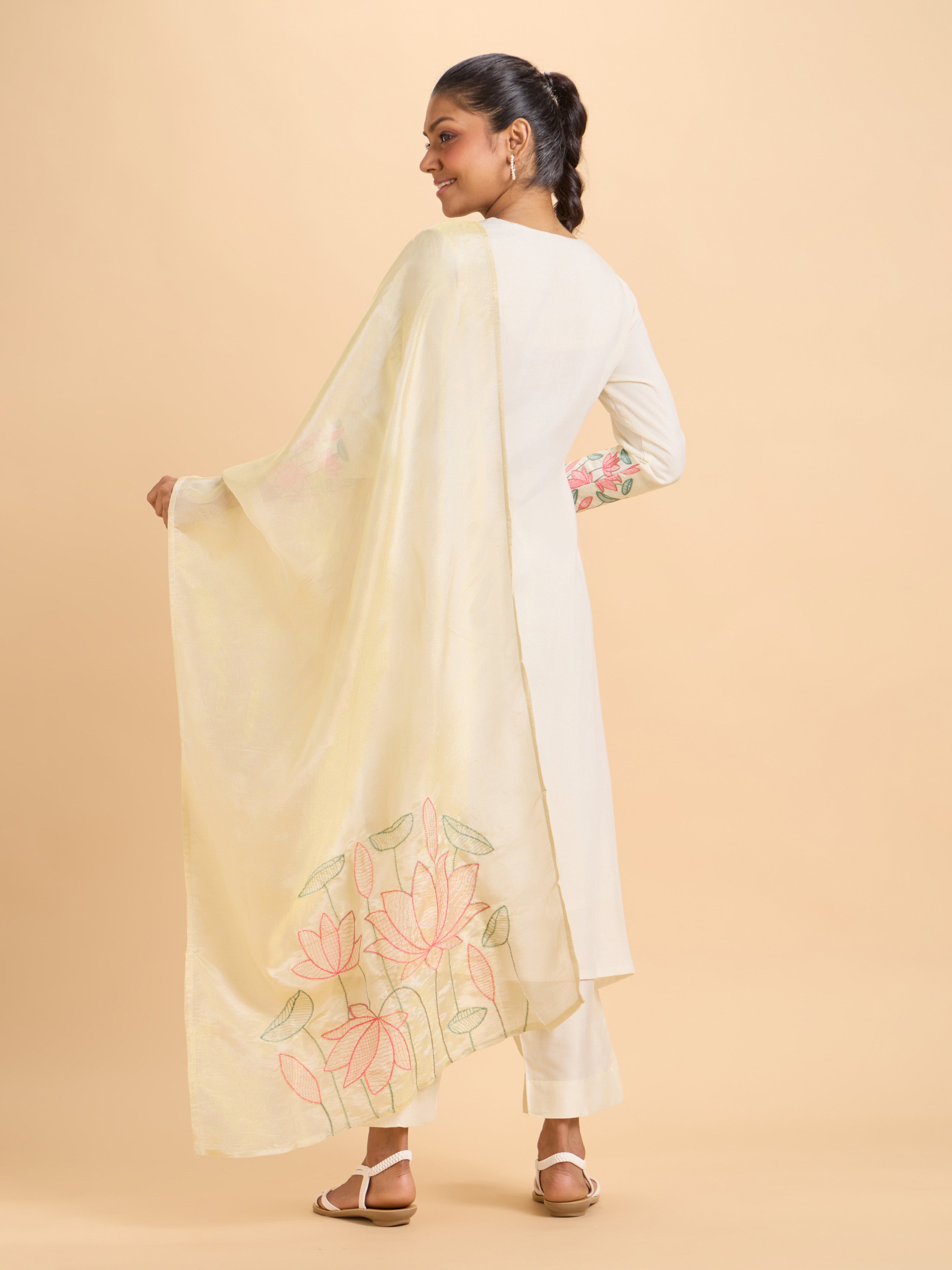 Off White Viscose Shimmer Plain Flared Kurti Set With Duppatta And Sequins Embroidery