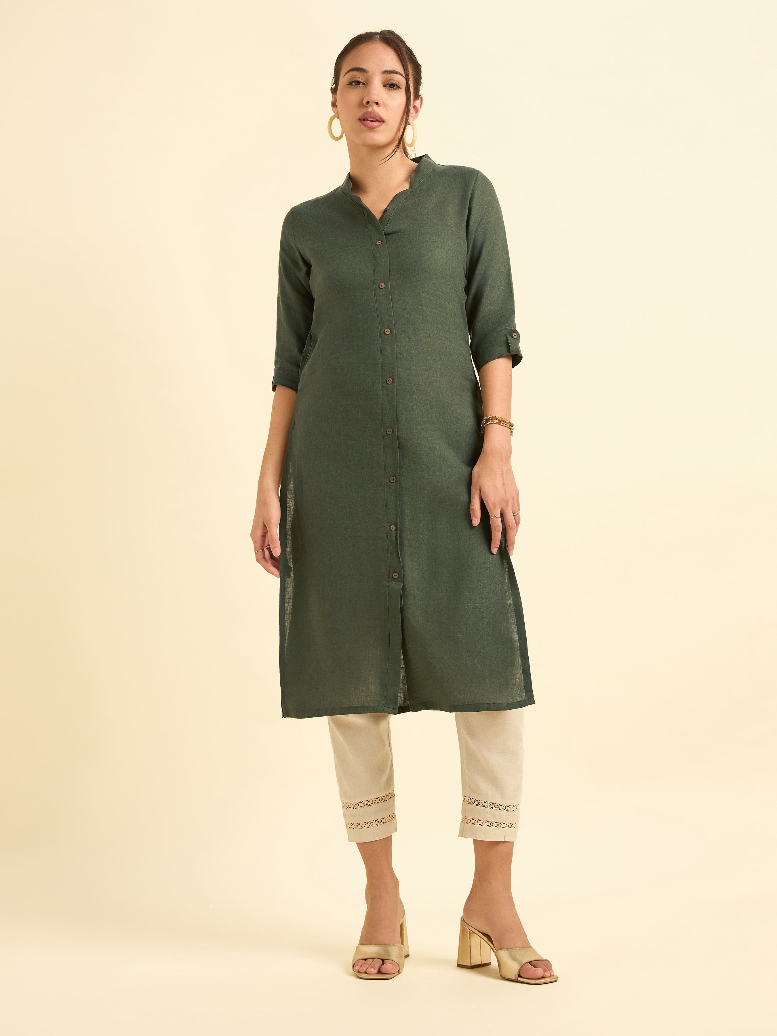 Olive Green Colour Linen Plain Slitted Kurti With Full Placket